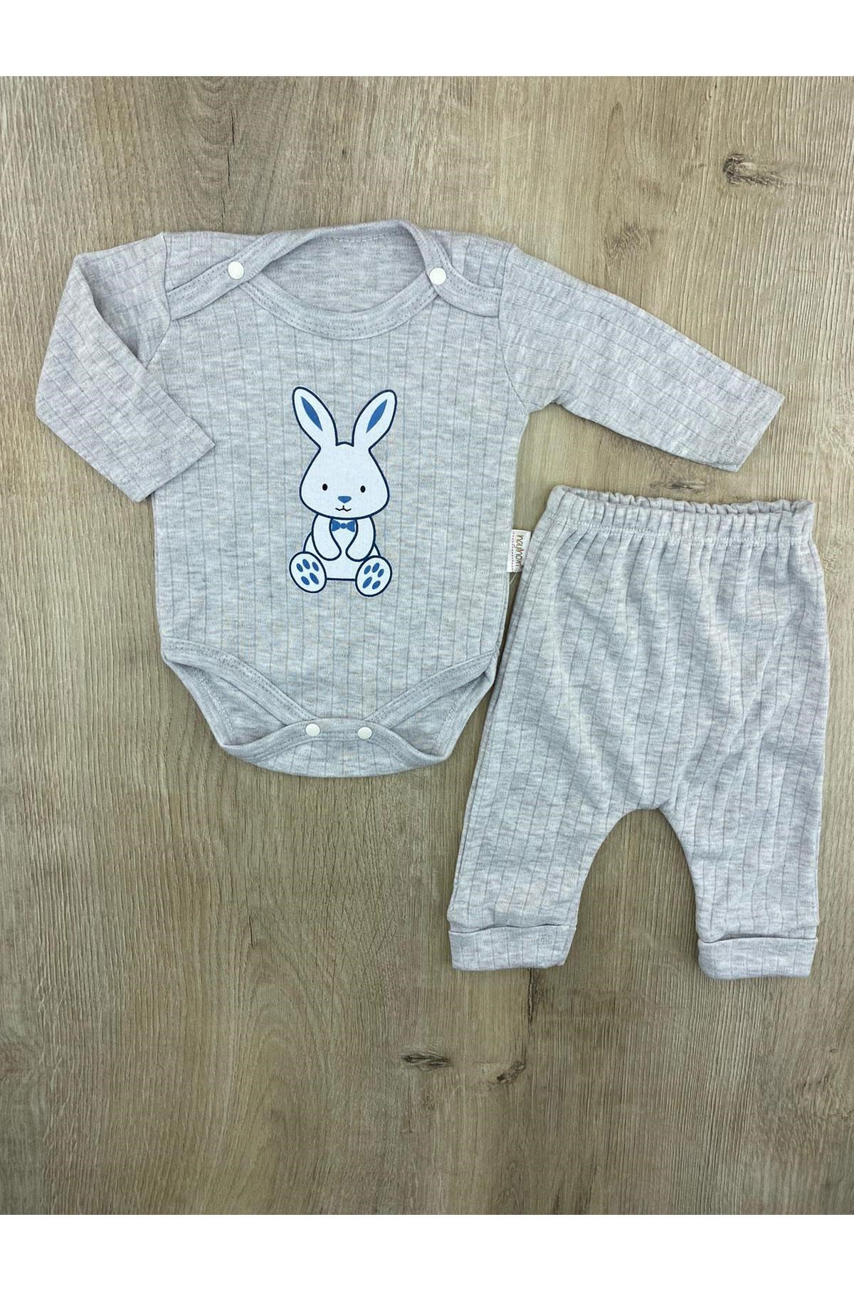 Nayinom(0-6 ay) Papyonlu Tavşan Desenli Çıtçıtlı Badili Takım