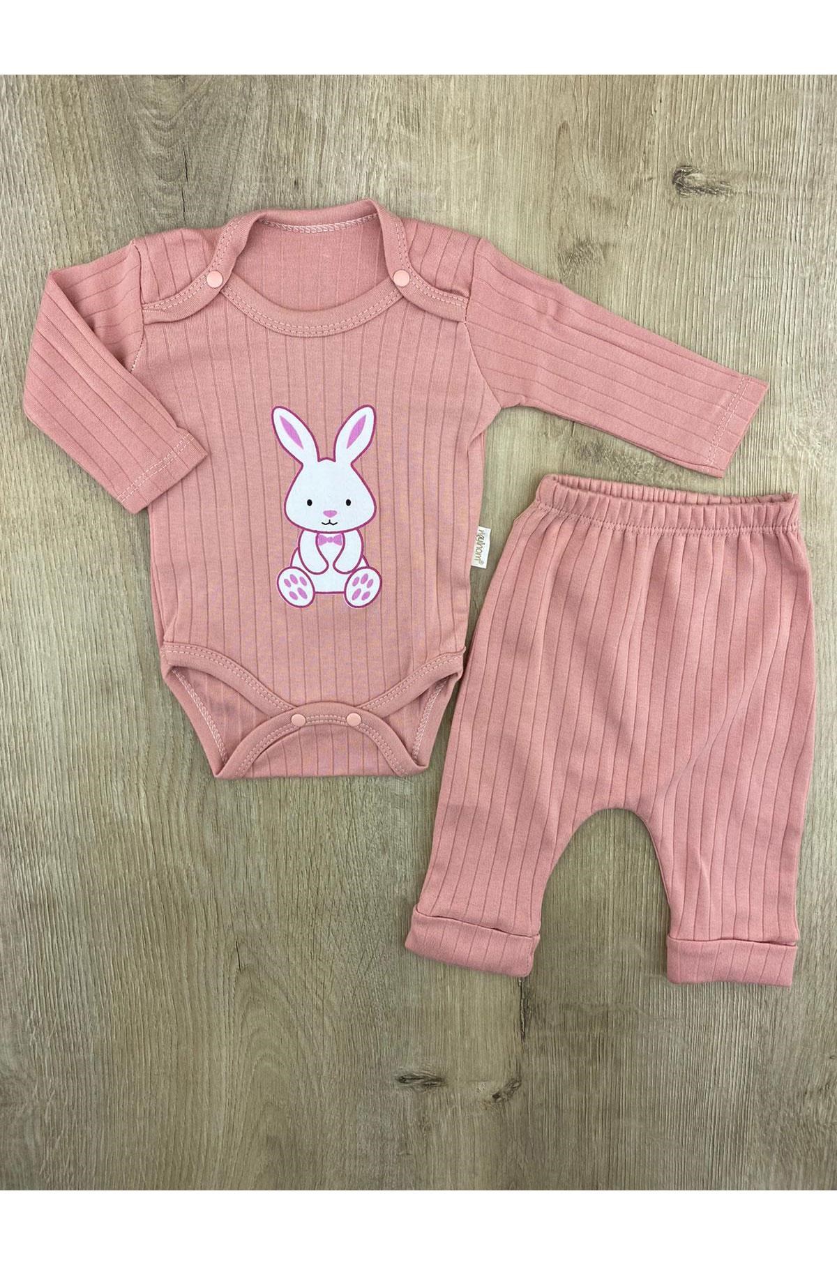 Nayinom(0-6 ay) Papyonlu Tavşan Desenli Çıtçıtlı Badili Takım