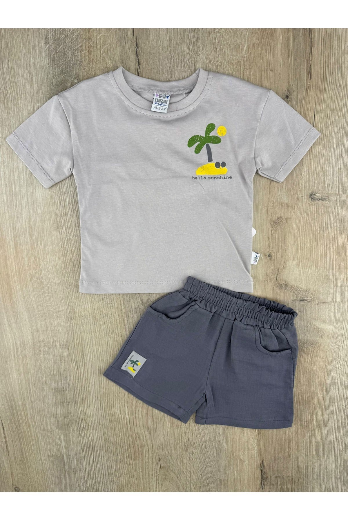Nazar Bebe 26237 (9-24 Ay) Palmiye Desenli Sırt Baskılı Şortlu Takım