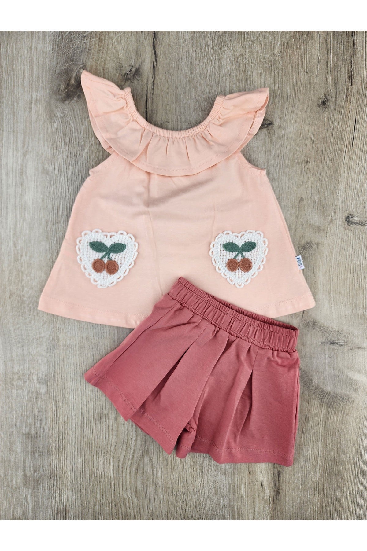 Nazar Bebe 26330 (9-24 Ay) Kiraz Nakışlı Şortlu Takım