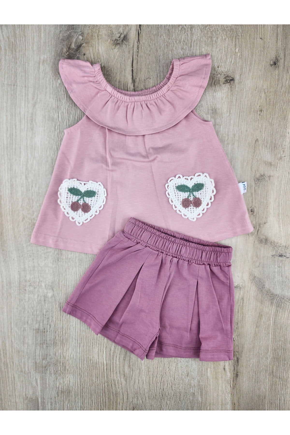 Nazar Bebe 26330 (9-24 Ay) Kiraz Nakışlı Şortlu Takım