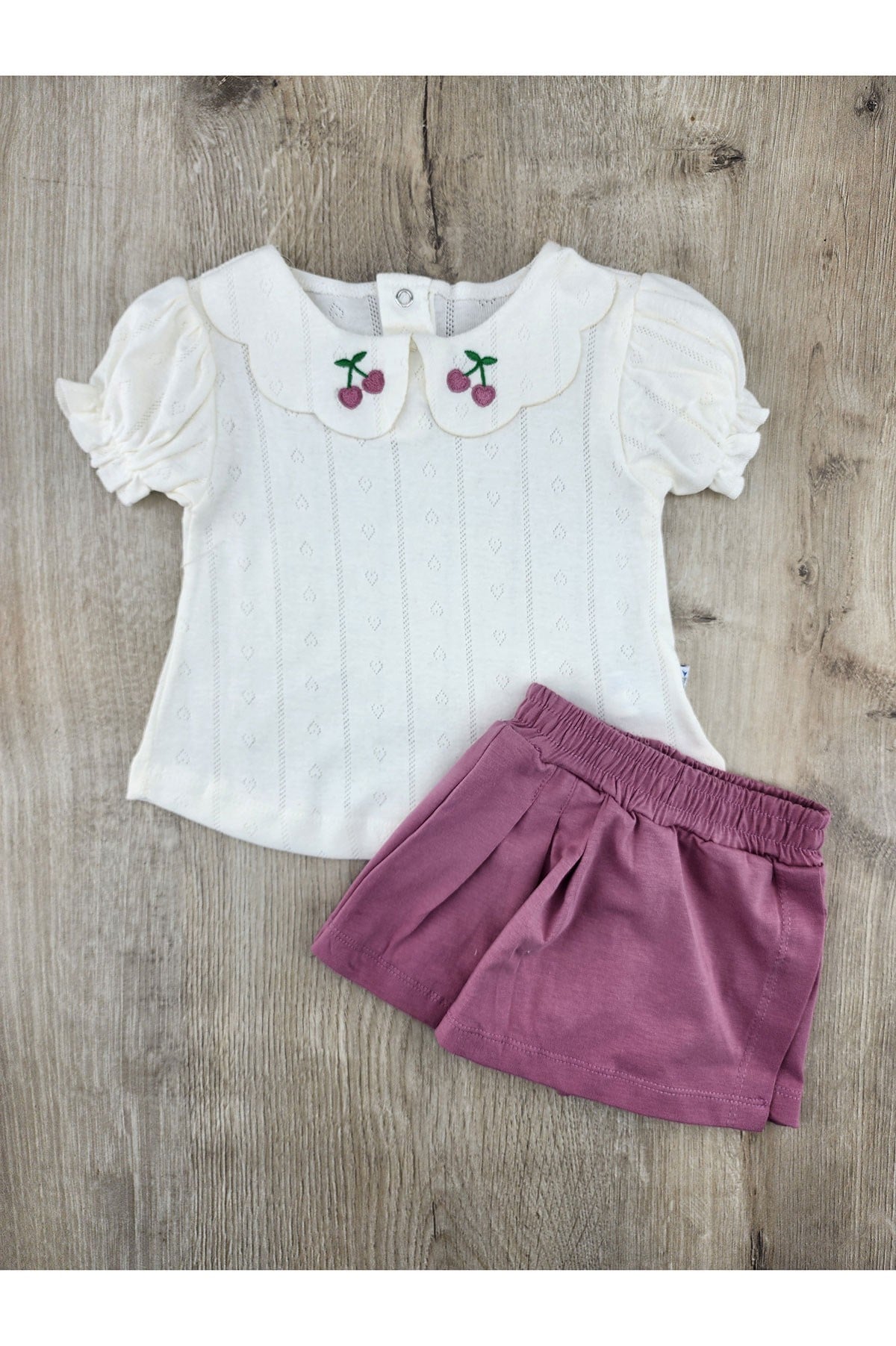 Nazar Bebe (9-24 Ay) 26338 Yakası Kiraz Desenli Şortlu Takım