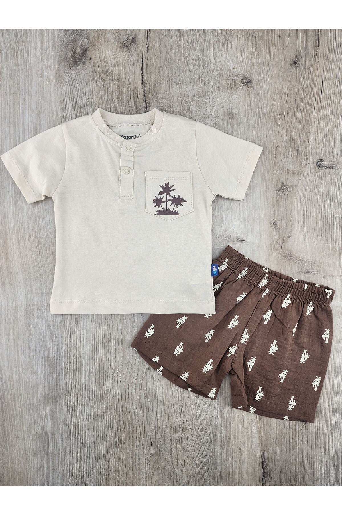 Nazar Bebe (9-24 Ay) 26525  Palmiye Desenli Müslin Şortlu Takım