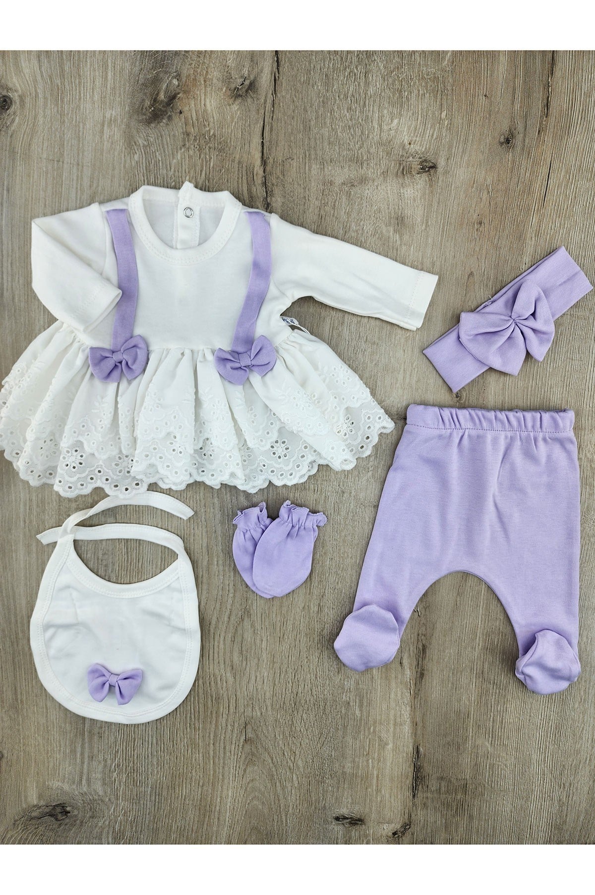 Nonna Baby-33 (0-3 Ay) Çift Fiyonklu Güpürlü Zıbın Takımı