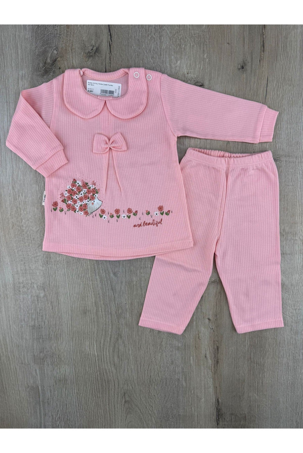 Nurhas (0-6 Ay) Pembe Çiçekli Fiyonklu İkili Takım