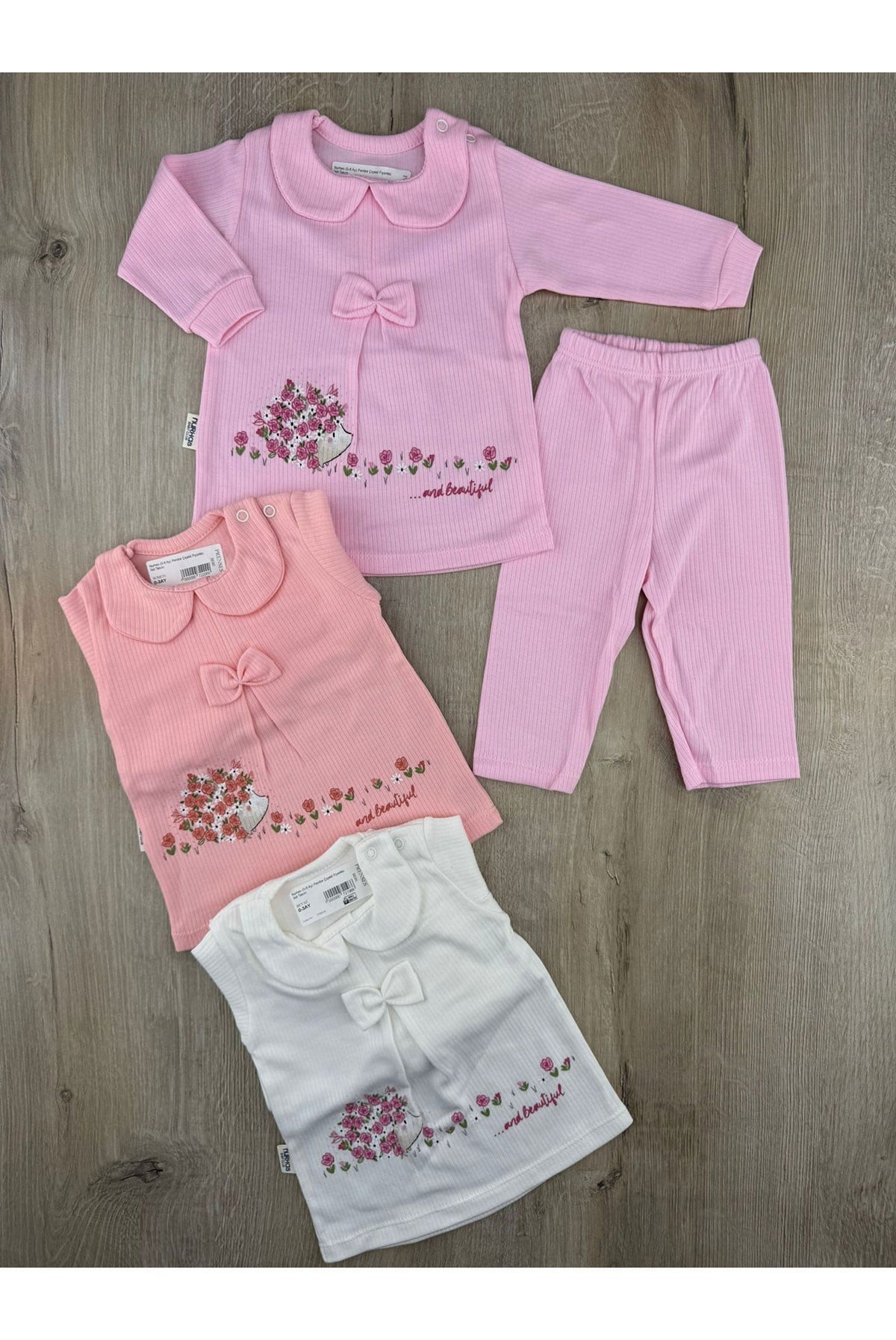 Nurhas (0-6 Ay) Pembe Çiçekli Fiyonklu İkili Takım