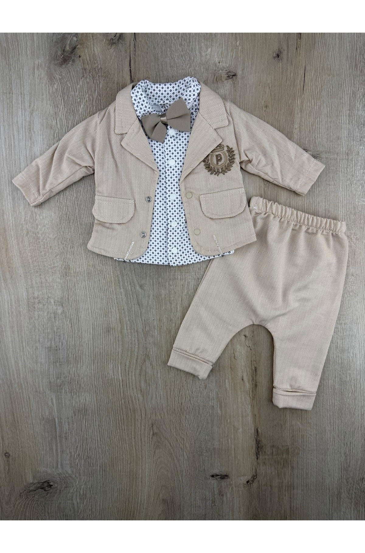 Pakel (0-12 Ay) Papyonlu Kapaklı Cepli Blazer Ceketli 3Lü Takım