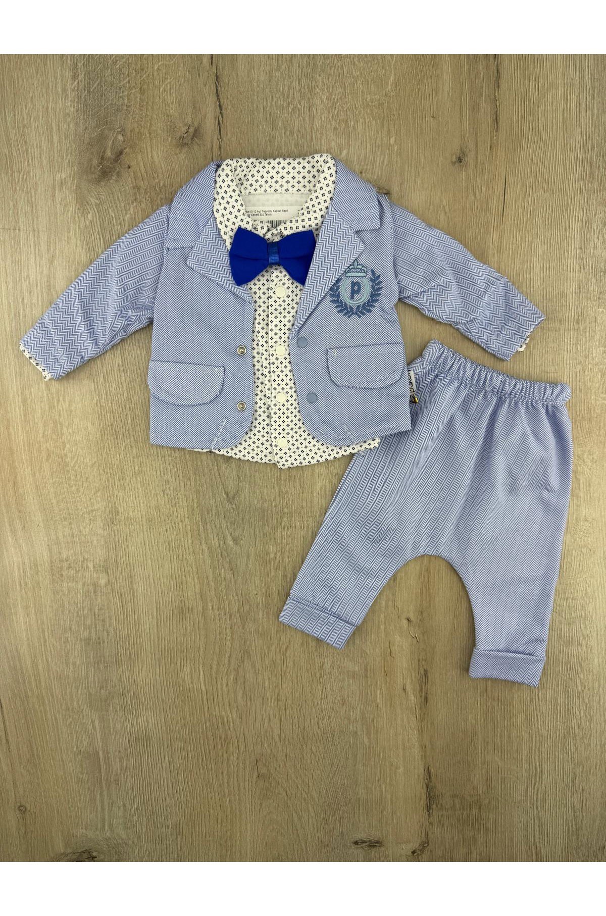 Pakel (0-12 Ay) Papyonlu Kapaklı Cepli Blazer Ceketli 3Lü Takım
