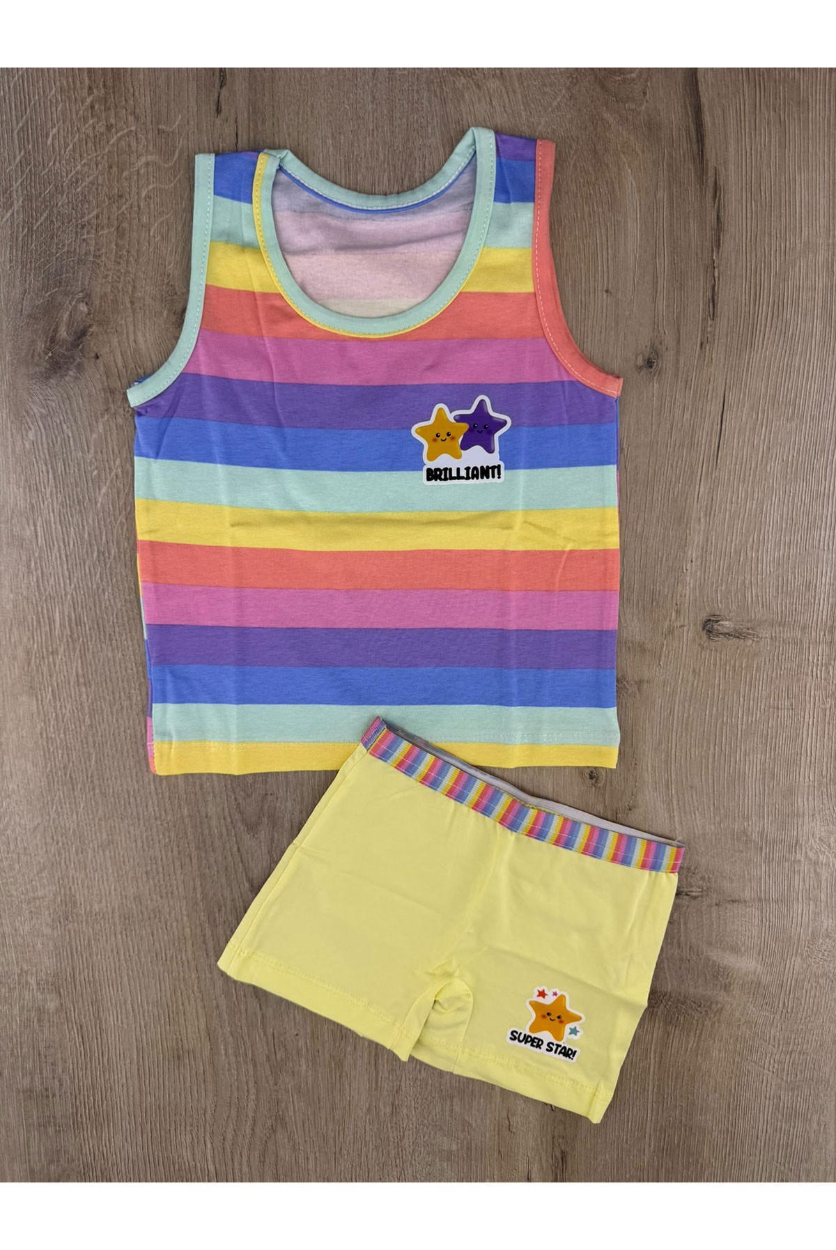 Pink (2-5 Yaş) Çizgili Yıldız Desenli Atlet Boxer Takım