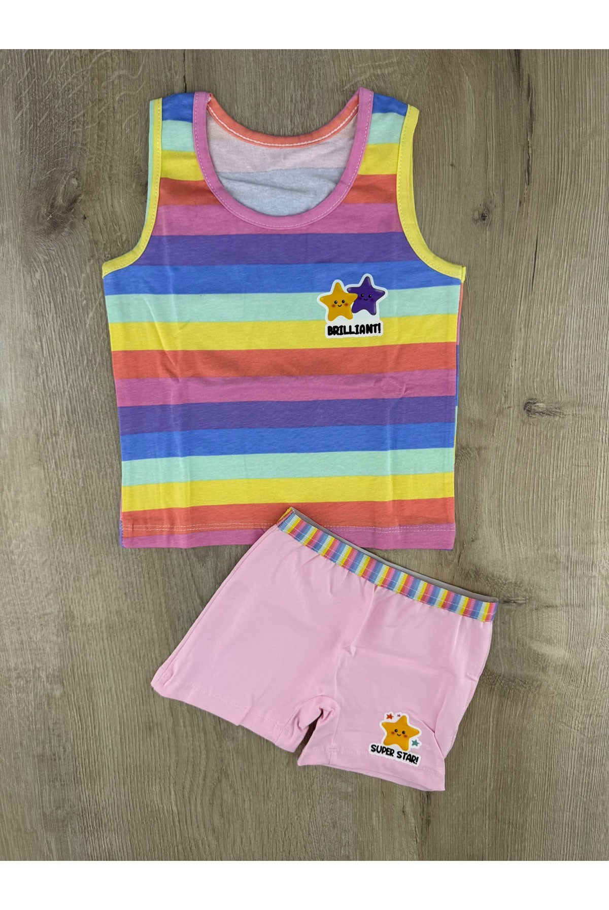 Pink (2-5 Yaş) Çizgili Yıldız Desenli Atlet Boxer Takım