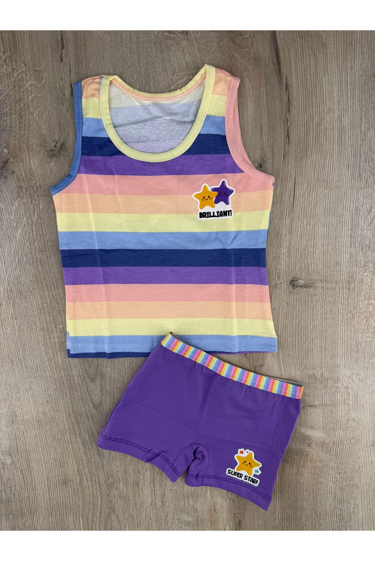 Pink (2-5 Yaş) Çizgili Yıldız Desenli Atlet Boxer Takım