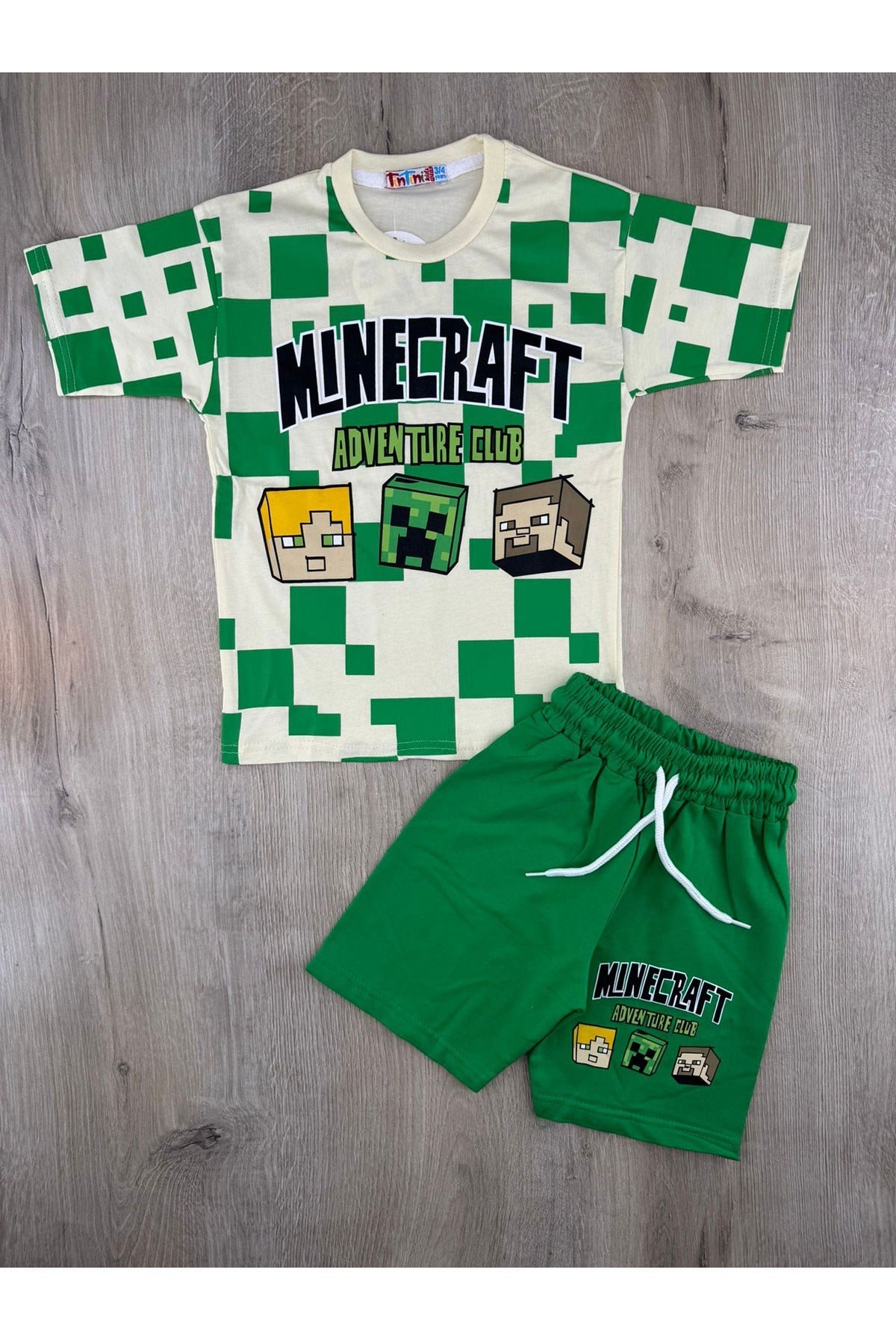 Tintini (3-10 Yaş) Parçalı Minecraft Desenli Şortlu Takım