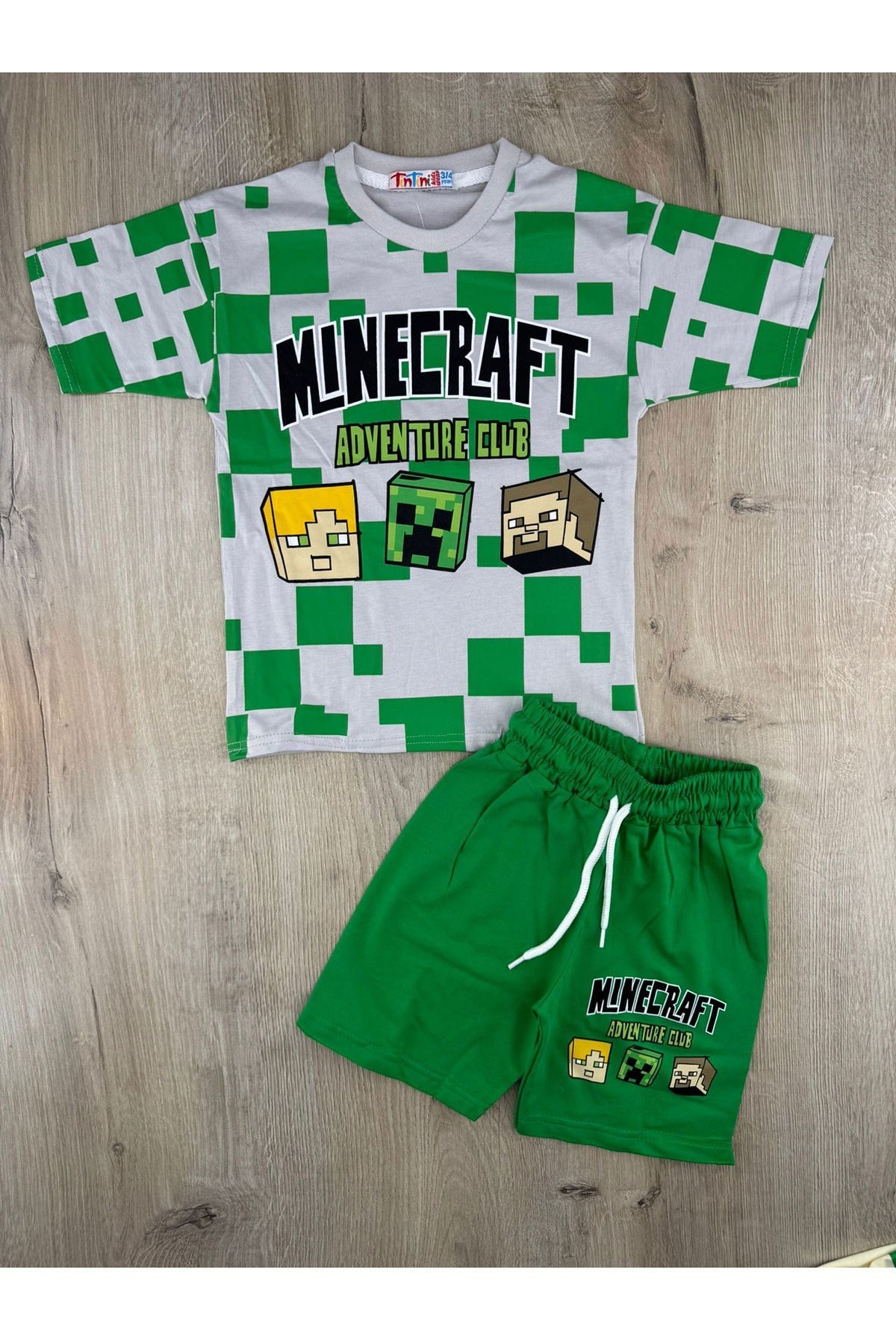 Tintini (3-10 Yaş) Parçalı Minecraft Desenli Şortlu Takım
