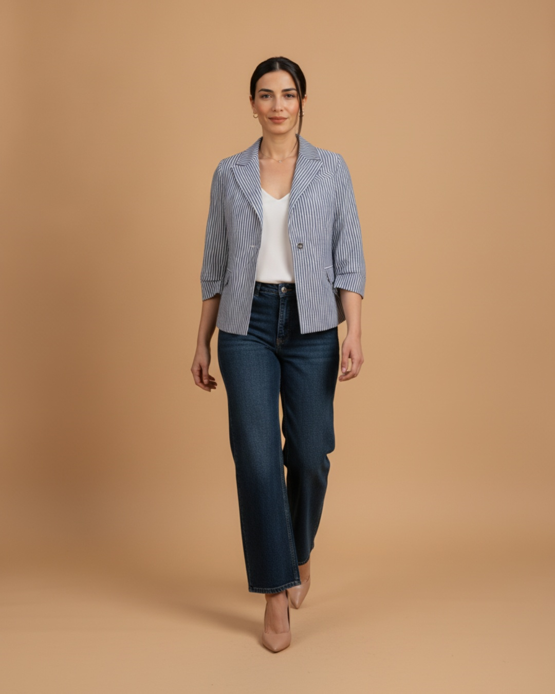ÇİZGİLİ KETEN 3/4 KOL BLAZER CEKETPerzoni