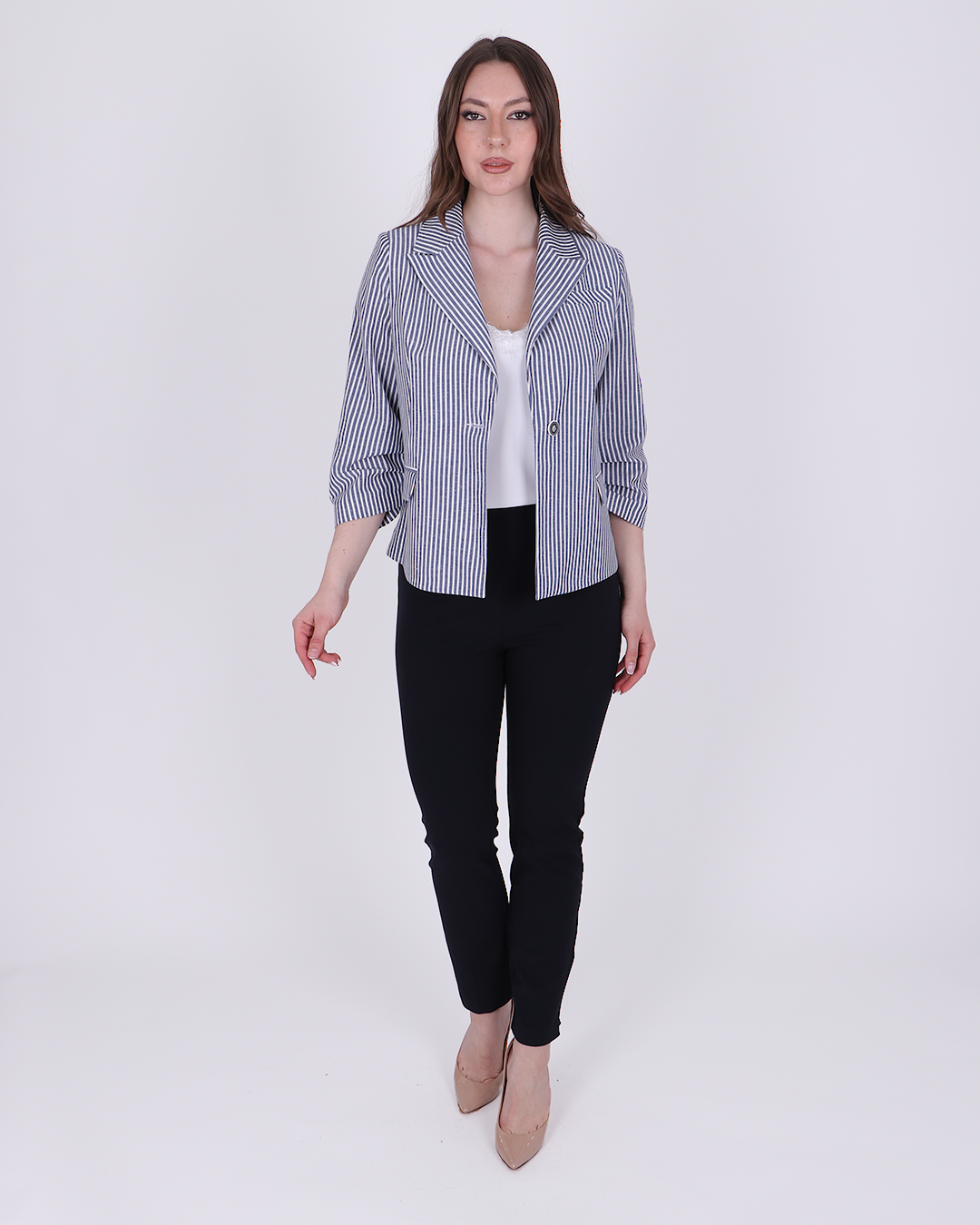 ÇİZGİLİ KETEN 3/4 KOL BLAZER CEKETPerzoni
