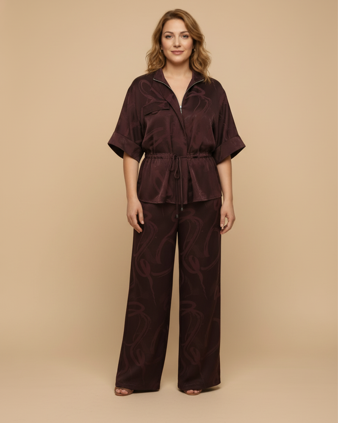 LOUNGEWEAR SERİSİ - VİZON SATEN DESENLİ TAKIMDedo'çe