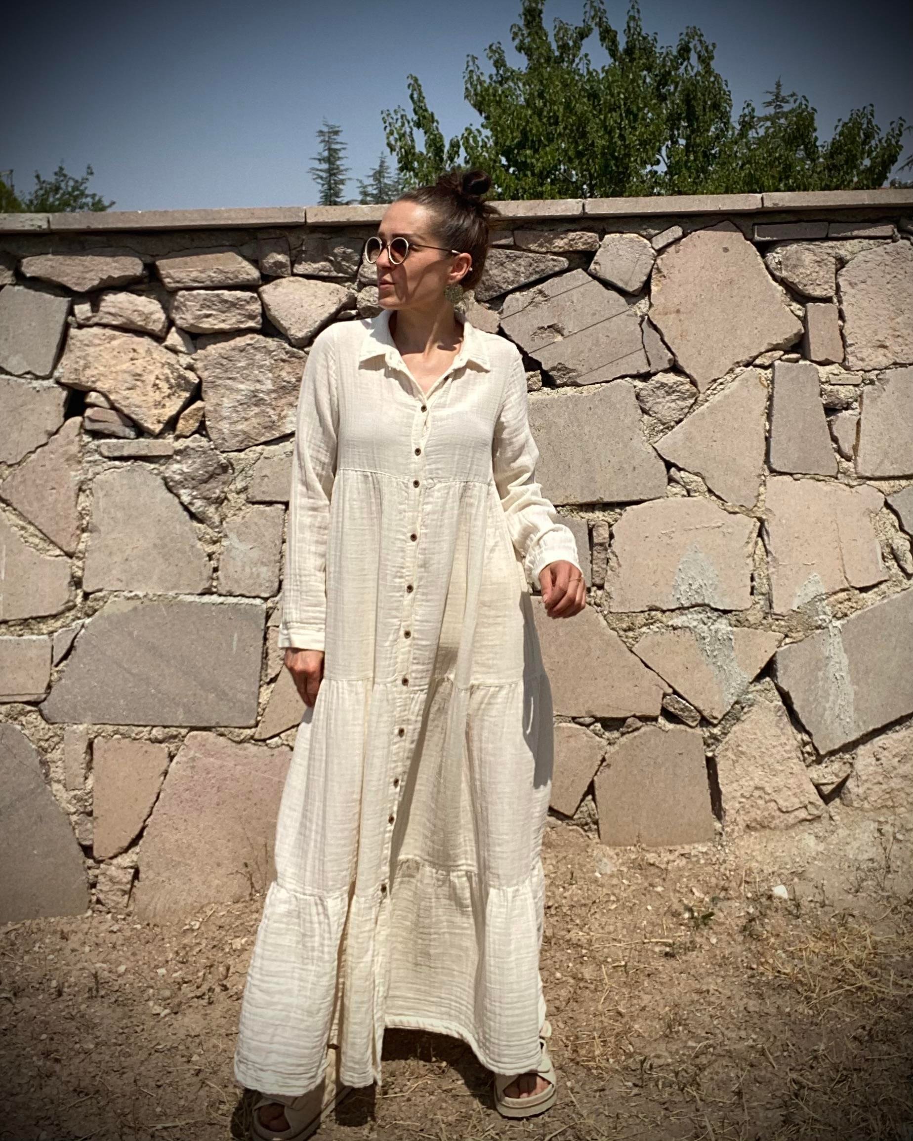 Ekru Oversize Katlı Volanlı Maxi Boy Gömlek Elbise