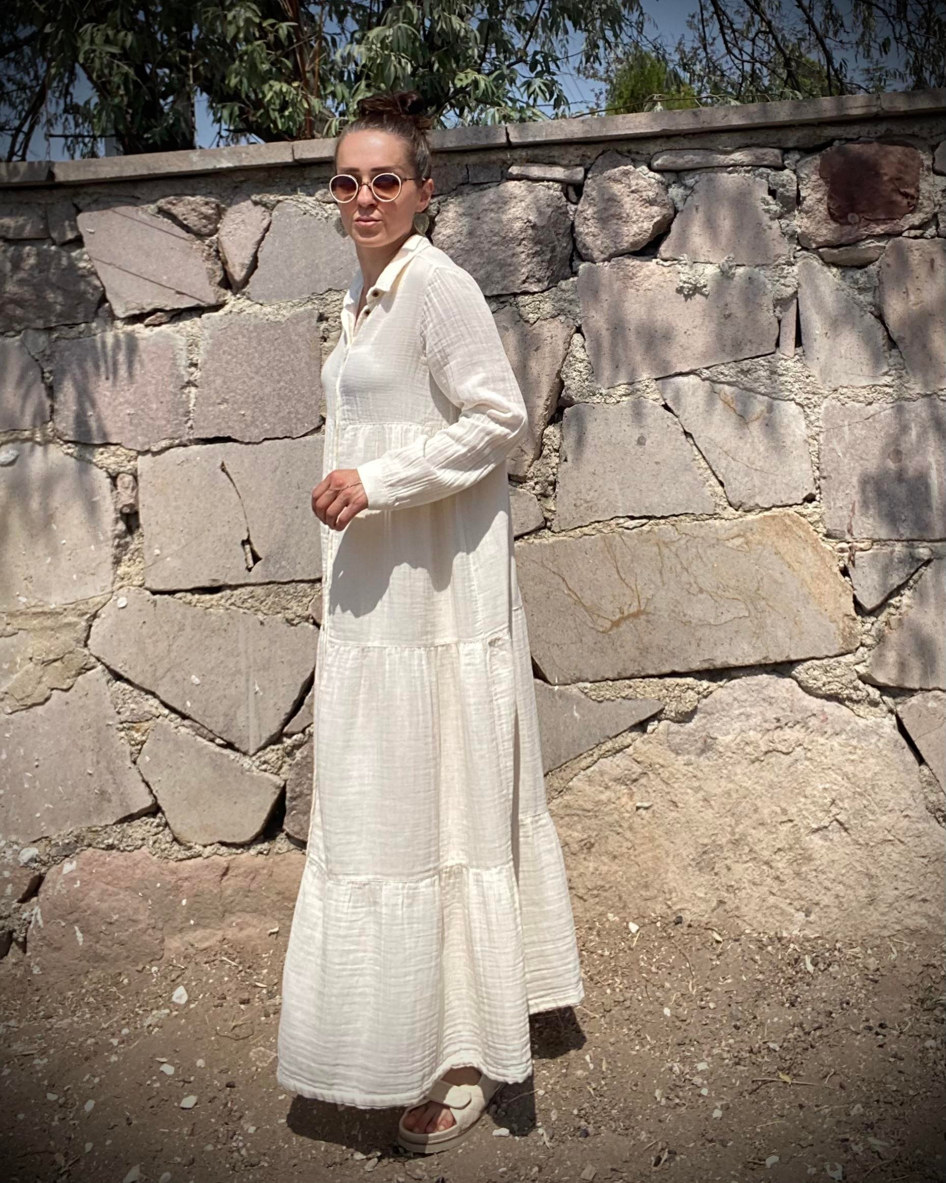 Ekru Oversize Katlı Volanlı Maxi Boy Gömlek Elbise