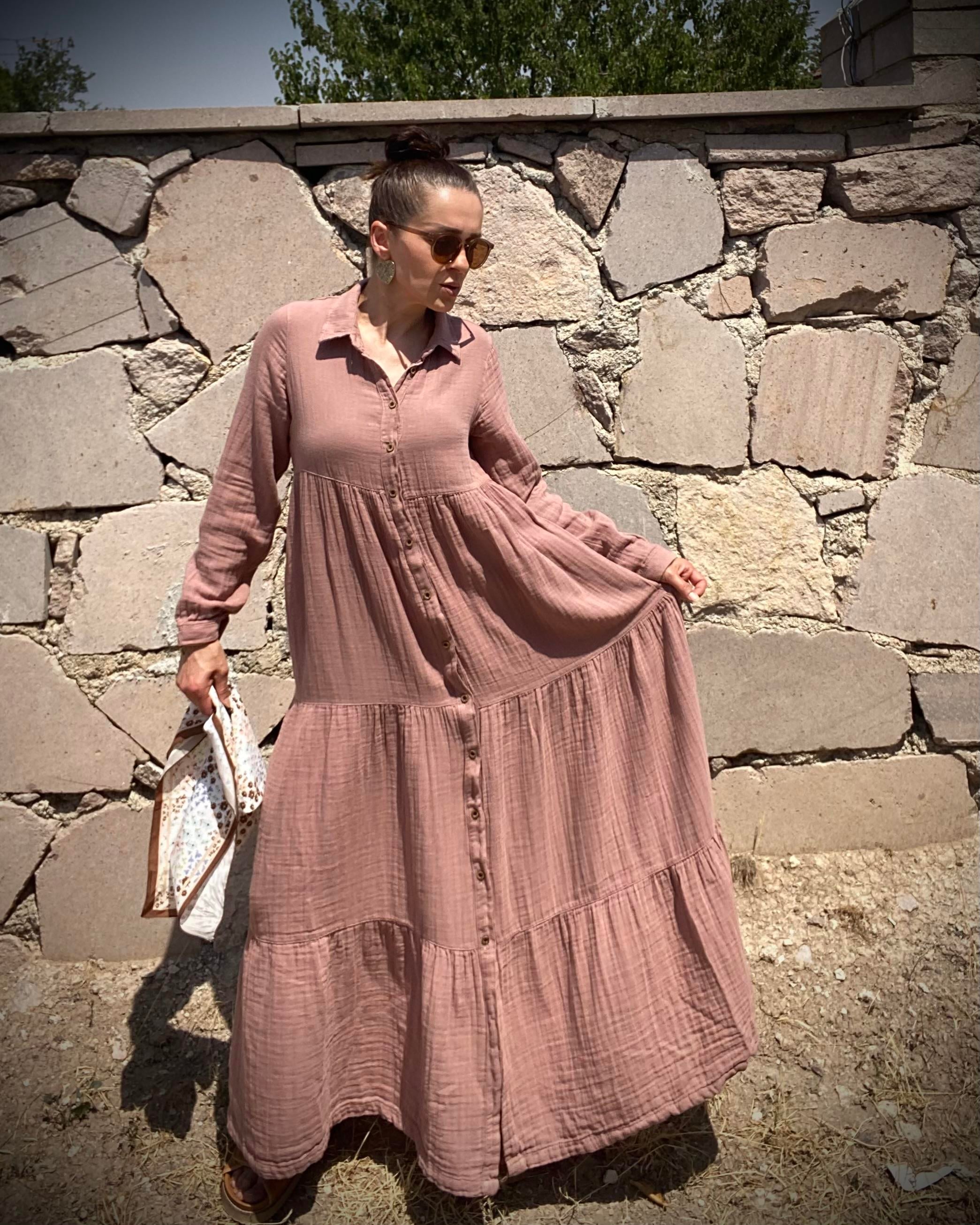 Gül Kurusu Oversize Katlı Volanlı Maxi Boy Gömlek Elbise