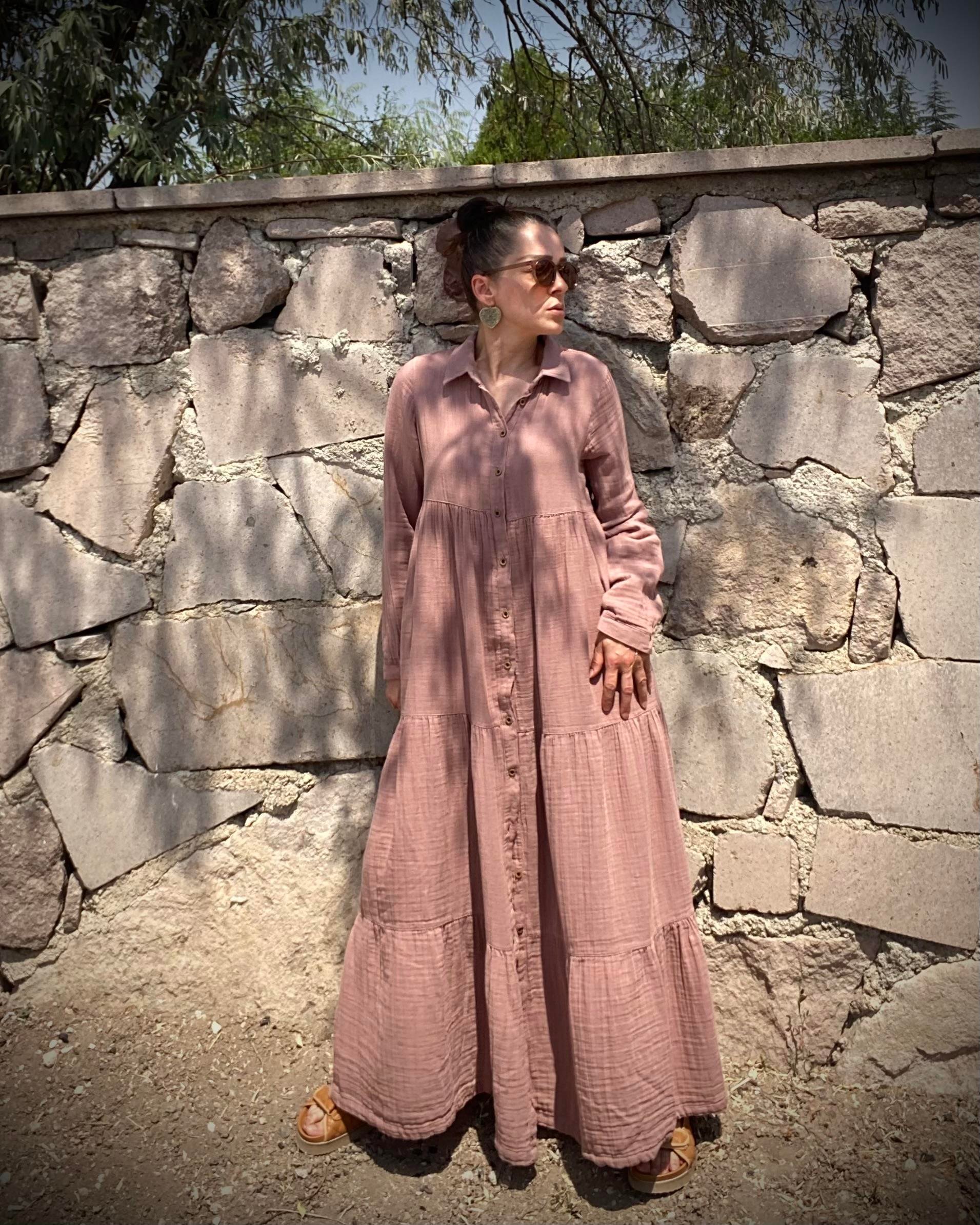 Gül Kurusu Oversize Katlı Volanlı Maxi Boy Gömlek Elbise