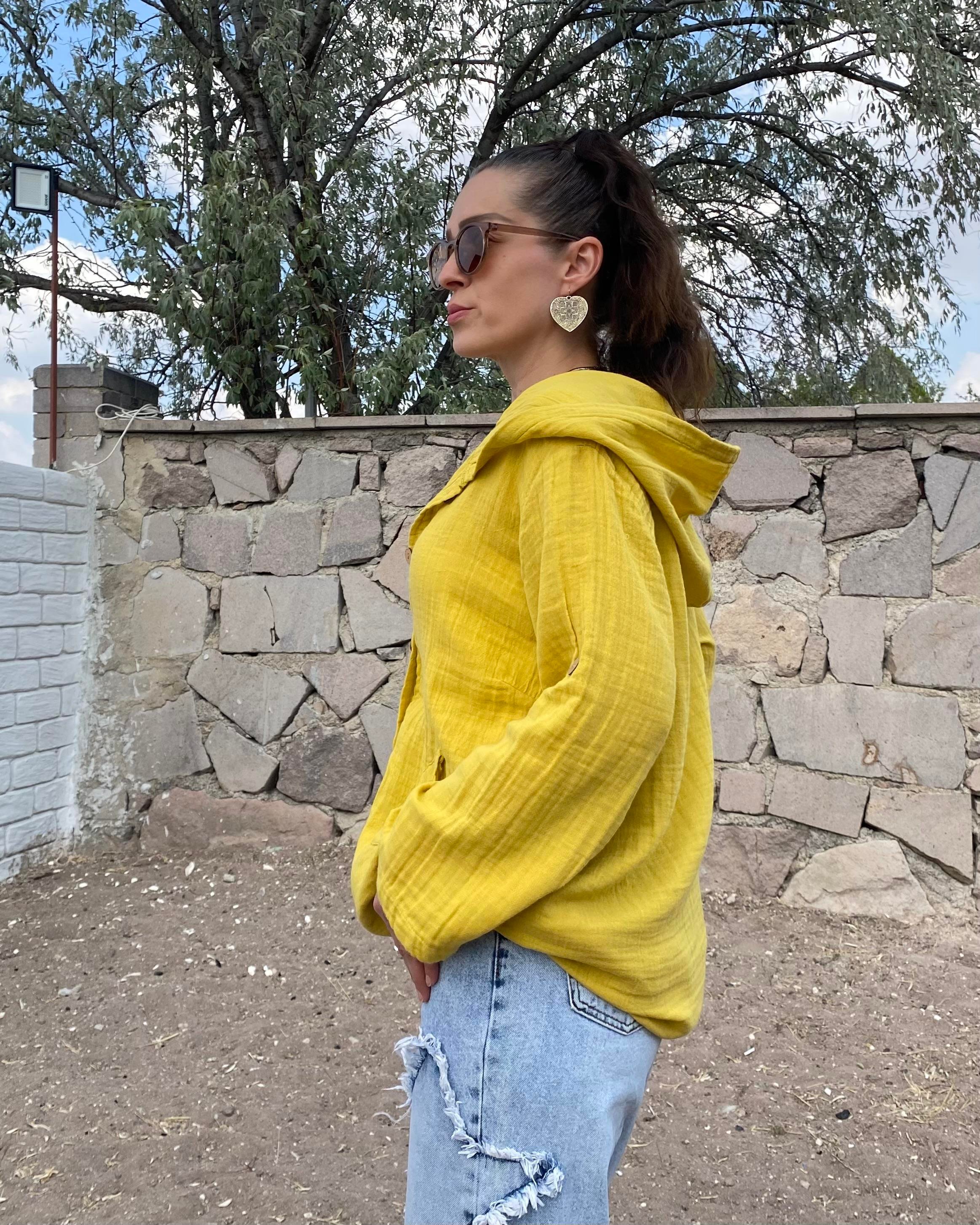 Hardal Sarısı Kapüşonlu Oversize Müslin Kumaş Gömlek