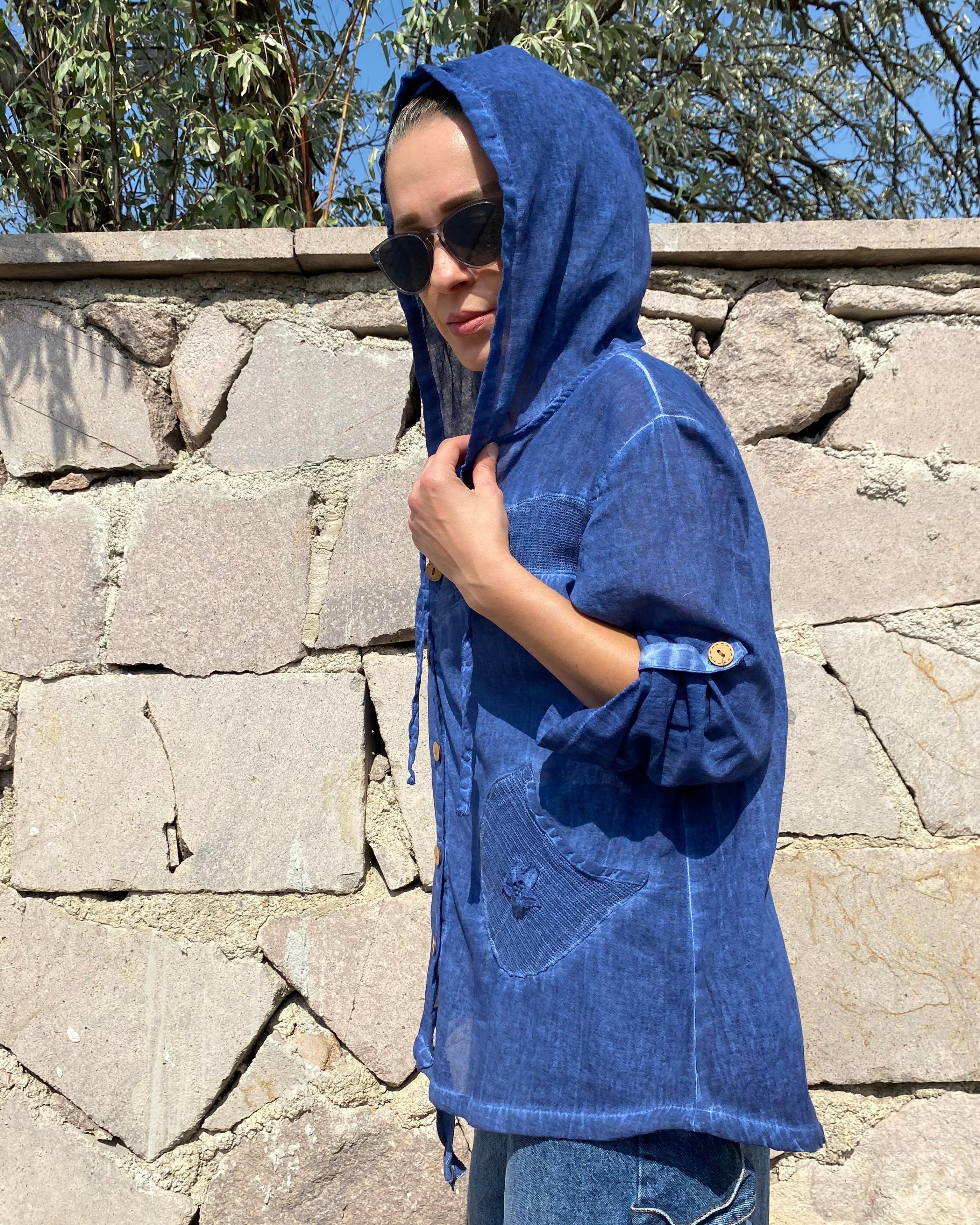 Lacivert Kapüşonlu Oversize Müslin Kumaş Gömlek