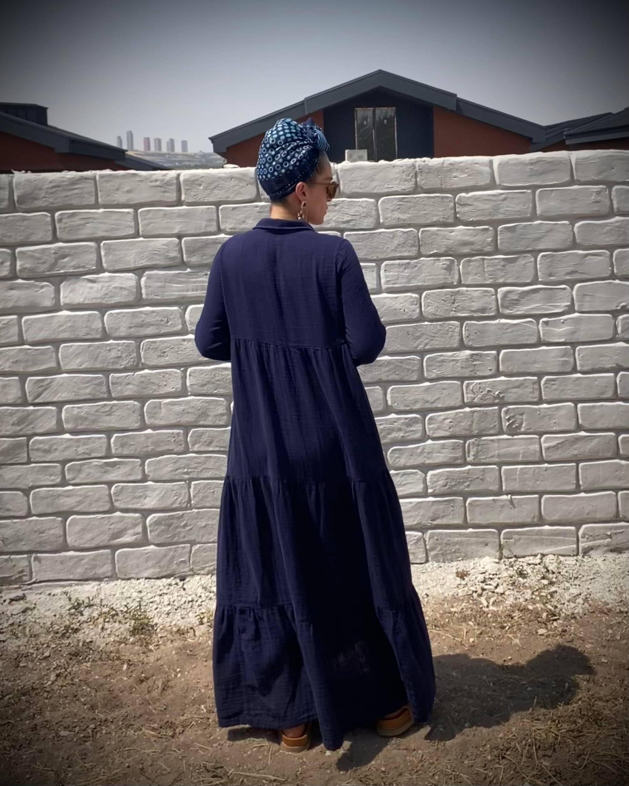 Lacivert Oversize Katlı Volanlı Maxi Boy Gömlek Elbise