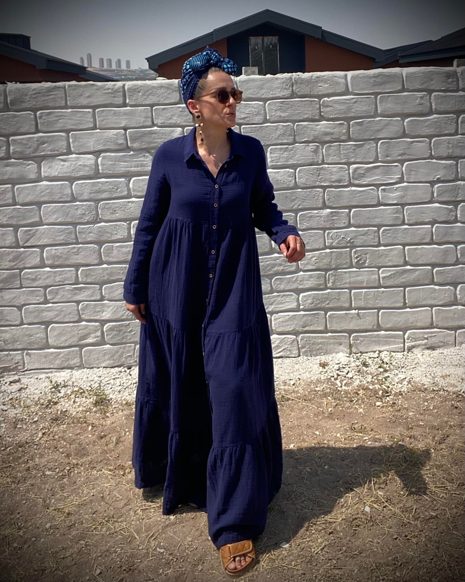 Lacivert Oversize Katlı Volanlı Maxi Boy Gömlek Elbise