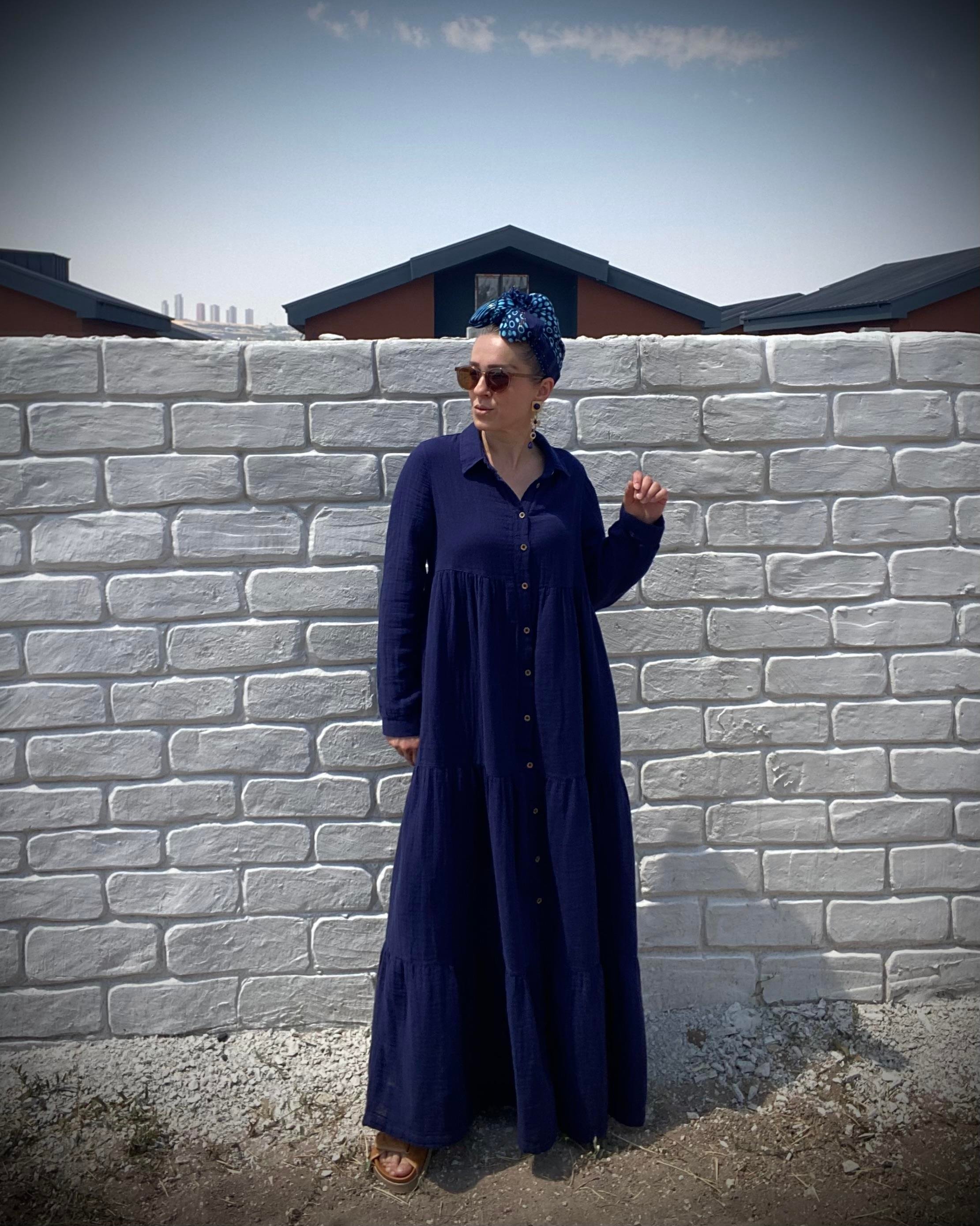 Lacivert Oversize Katlı Volanlı Maxi Boy Gömlek Elbise