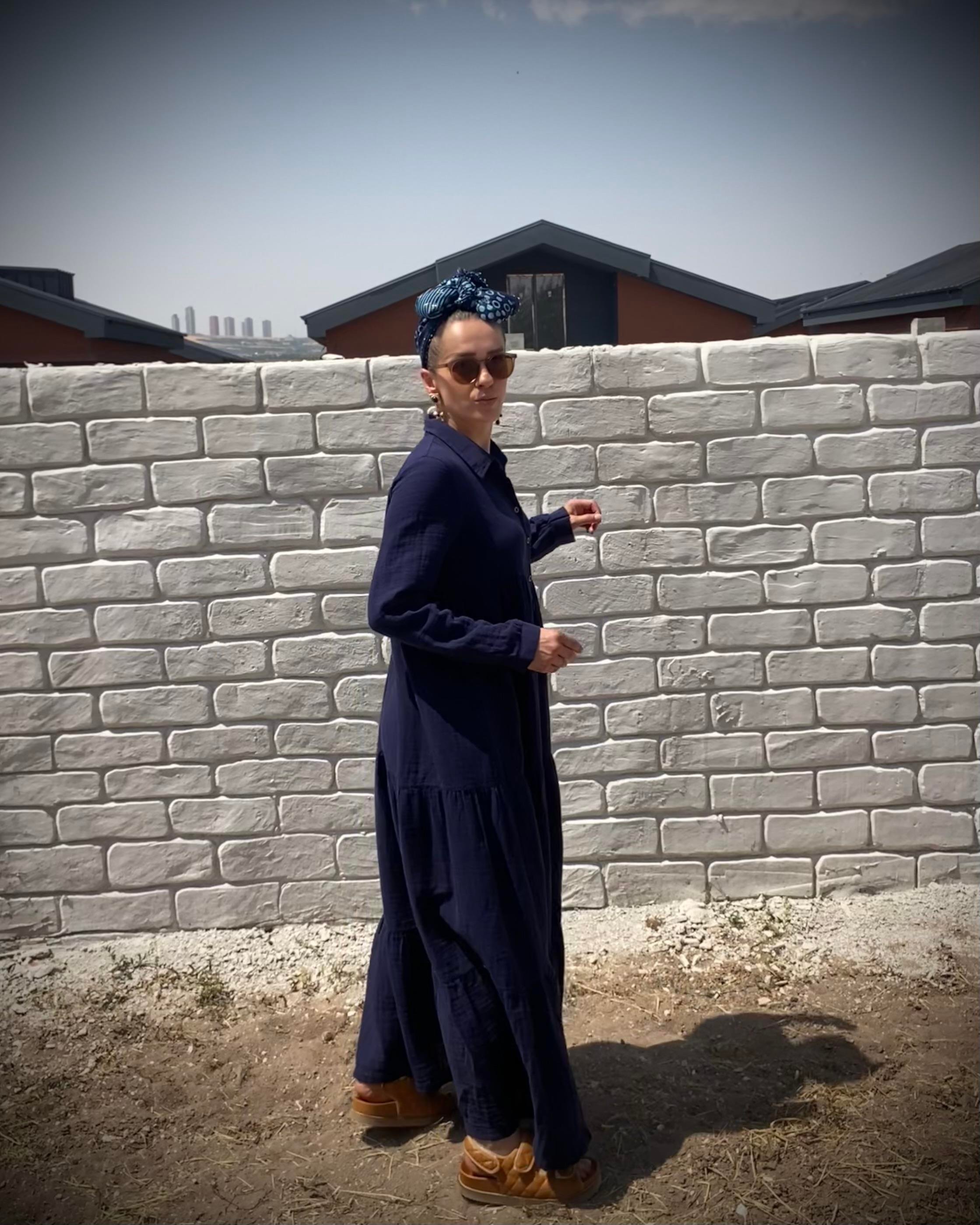 Lacivert Oversize Katlı Volanlı Maxi Boy Gömlek Elbise