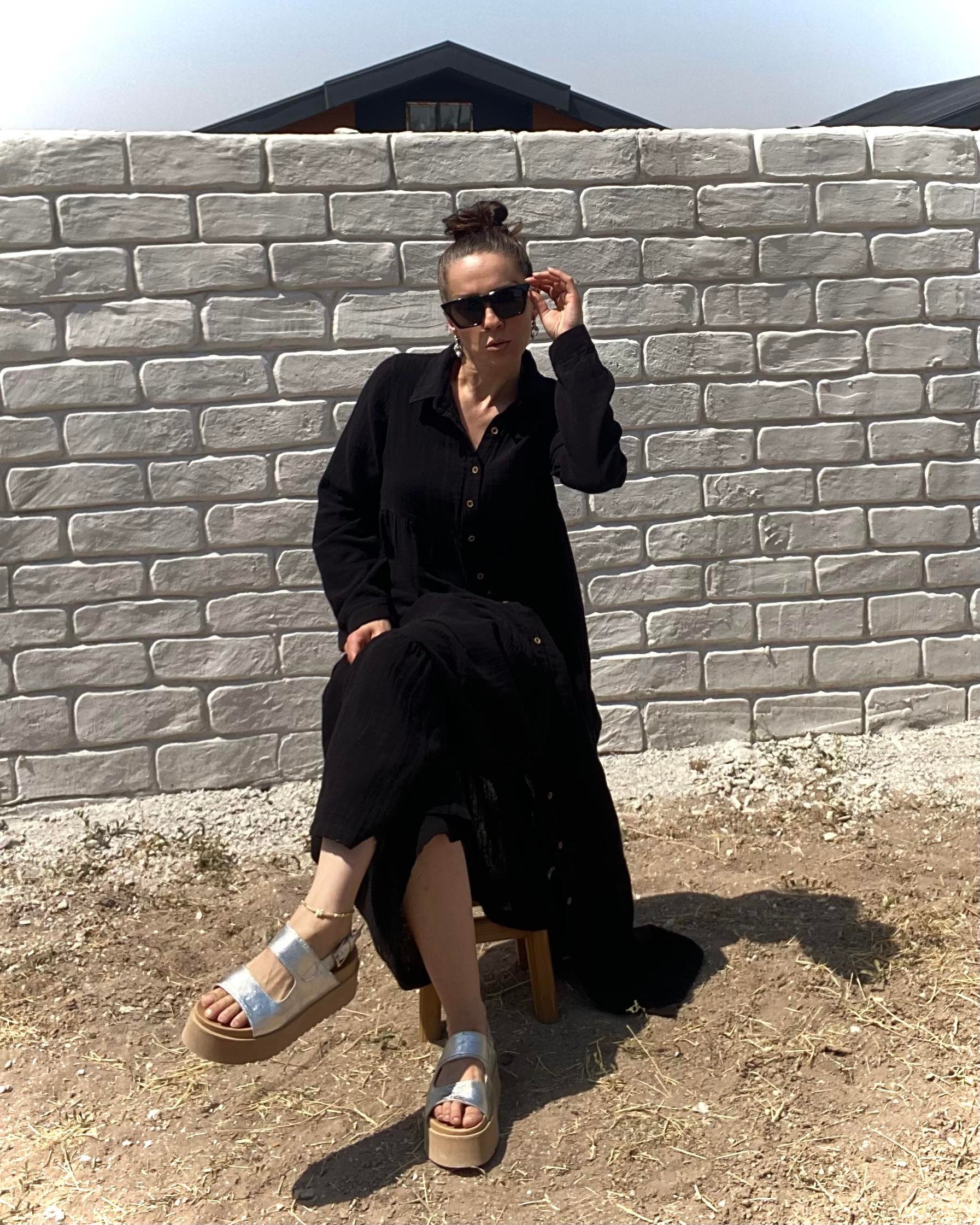 Siyah Oversize Katlı Volanlı Maxi Boy Gömlek Elbise