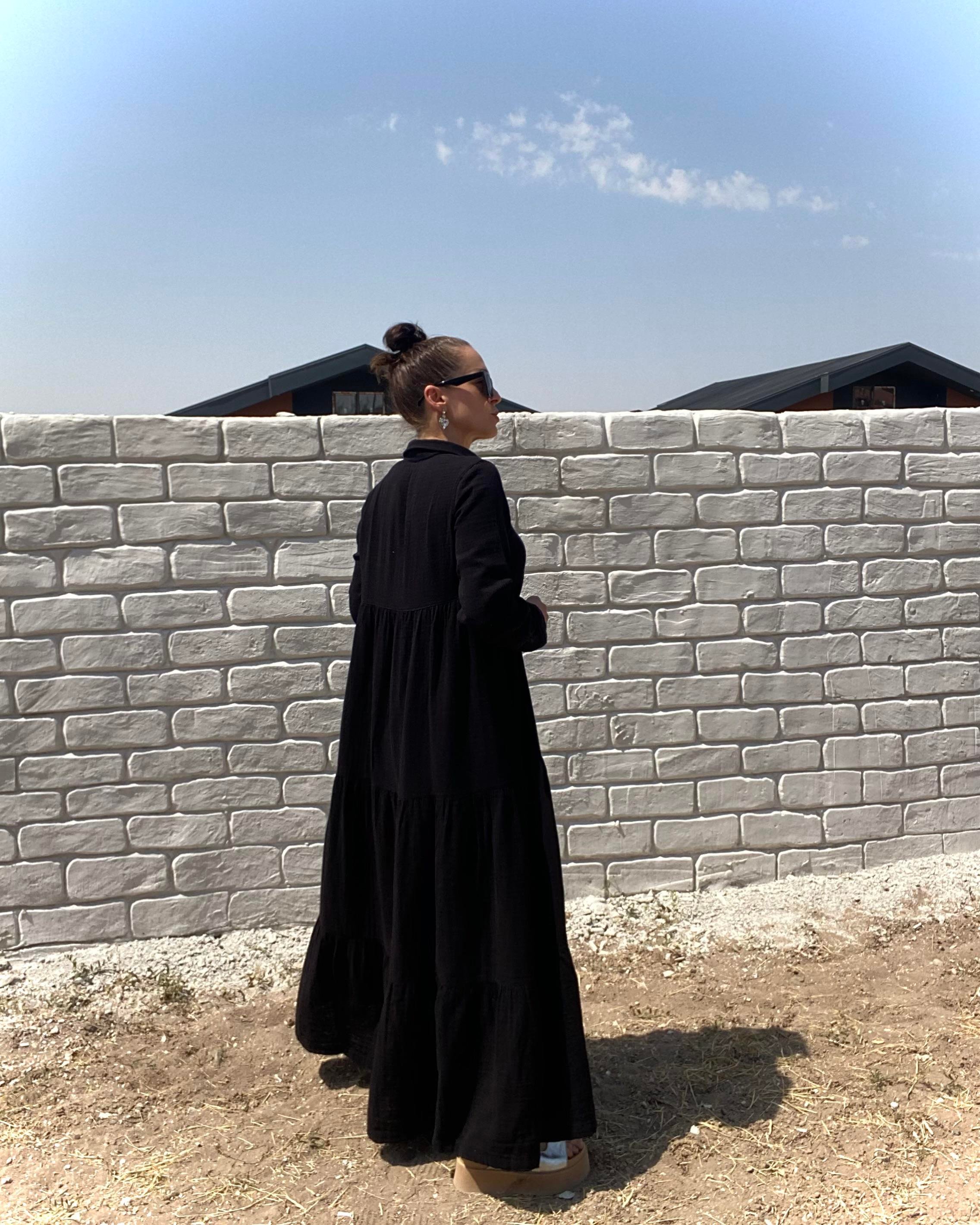 Siyah Oversize Katlı Volanlı Maxi Boy Gömlek Elbise