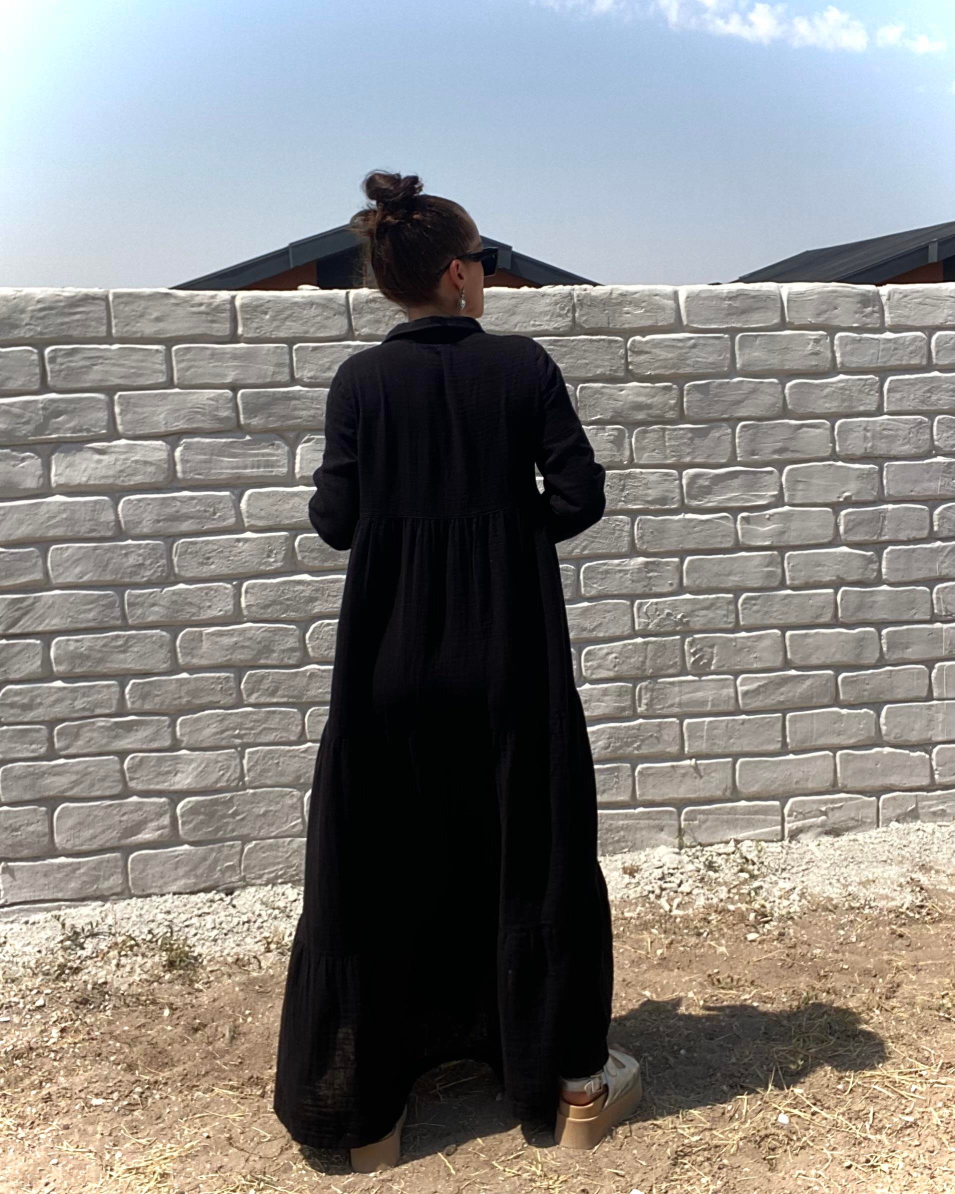 Siyah Oversize Katlı Volanlı Maxi Boy Gömlek Elbise