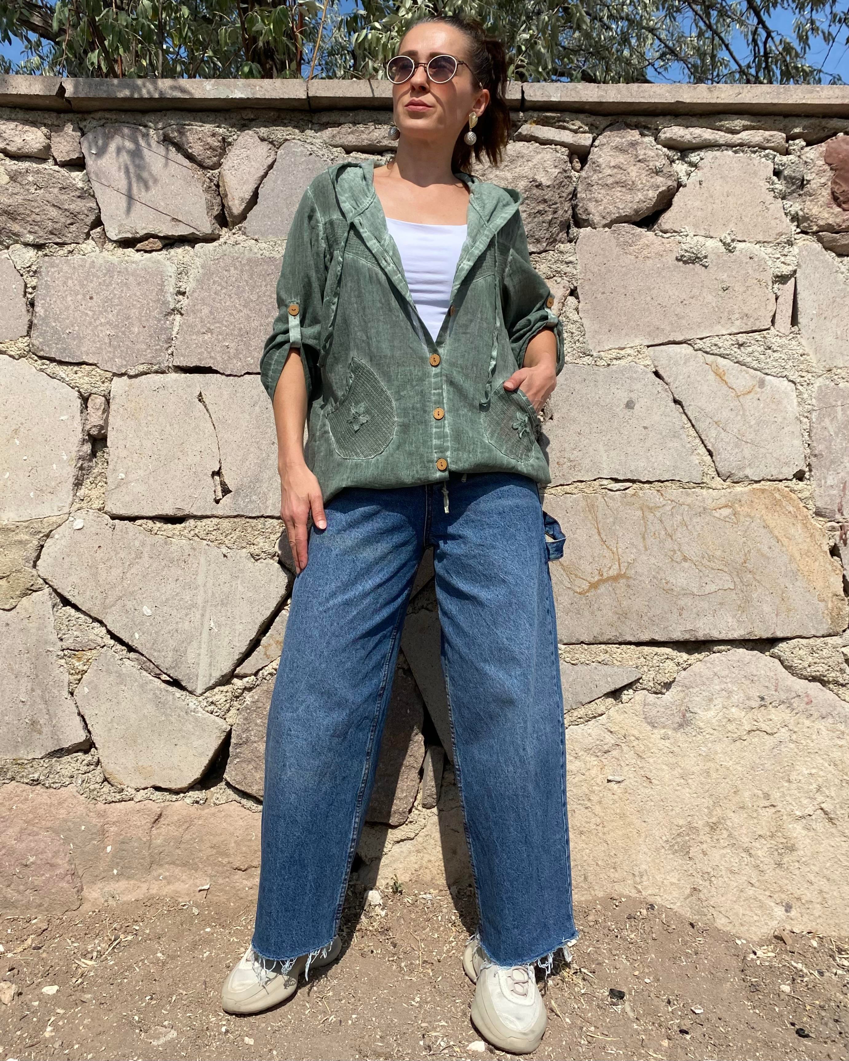 Yeşil Kapüşonlu Oversize Müslin Kumaş Gömlek