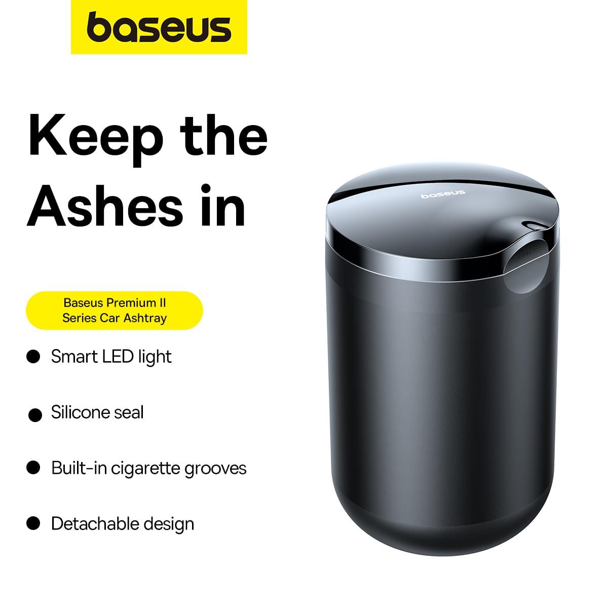 Baseus Premium 2 Serisi Araba Küllüğü - Ortam LED Işığı ve Araba Bardak Tutucuları için Su Geçirmez Tasarıma Sahip Taşınabilir Alüminyum Alaşımlı Küllük - Siyah