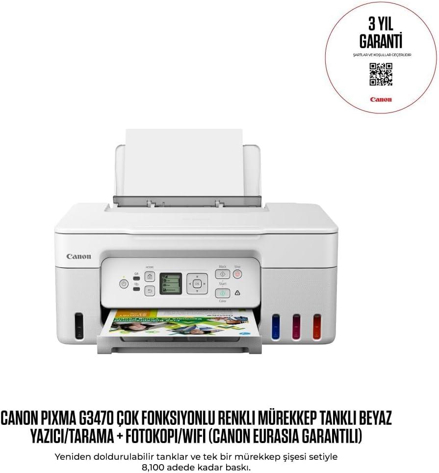 Canon Pixma G3470 A4 Yazıcı/Tarayıcı/Fotokopi/Wifi Renkli Tanklı Yazıcı - Beyaz