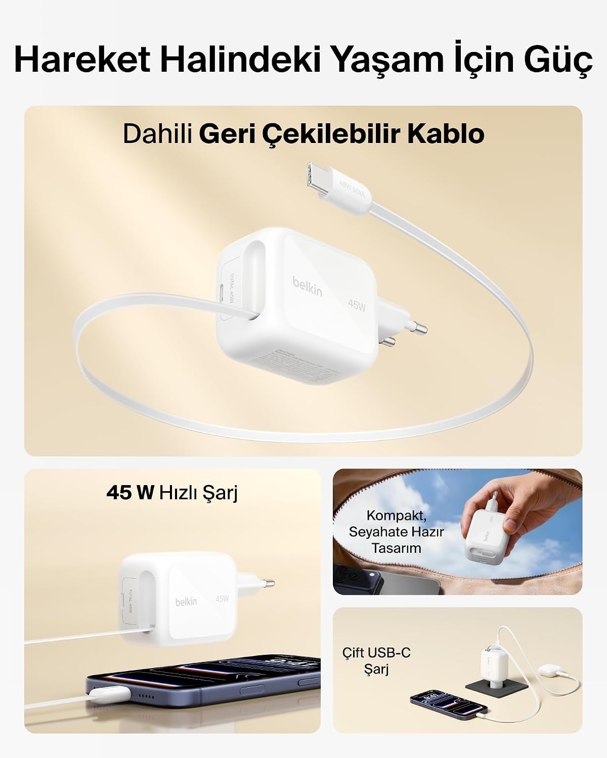 Belkin UltraCharge 45 W Şarj Aleti, 0,8 m Geri Çekilebilir USB-C Kablo