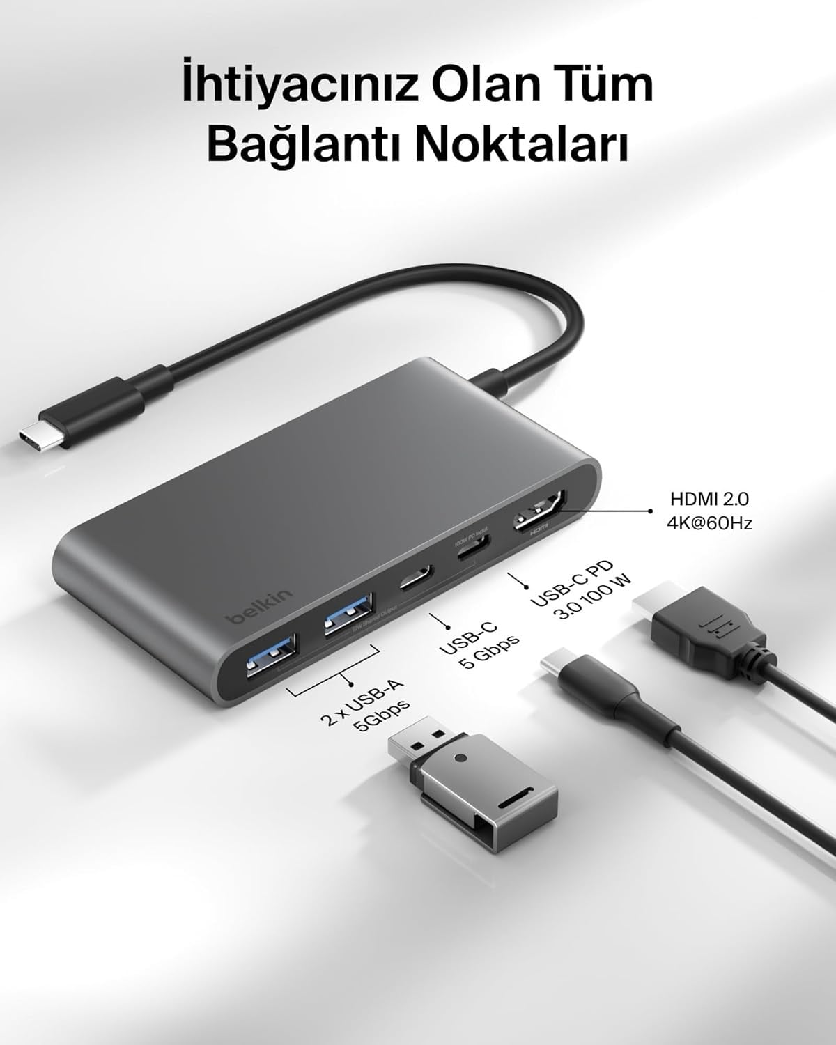 Belkin USB-C Hub, 5 Portlu, 60 Hz'de 4K HDMI Ekran Desteği, 100W Güç İletimi, 5Gbps  USB-C Çoklu Port Adaptörü, Gri