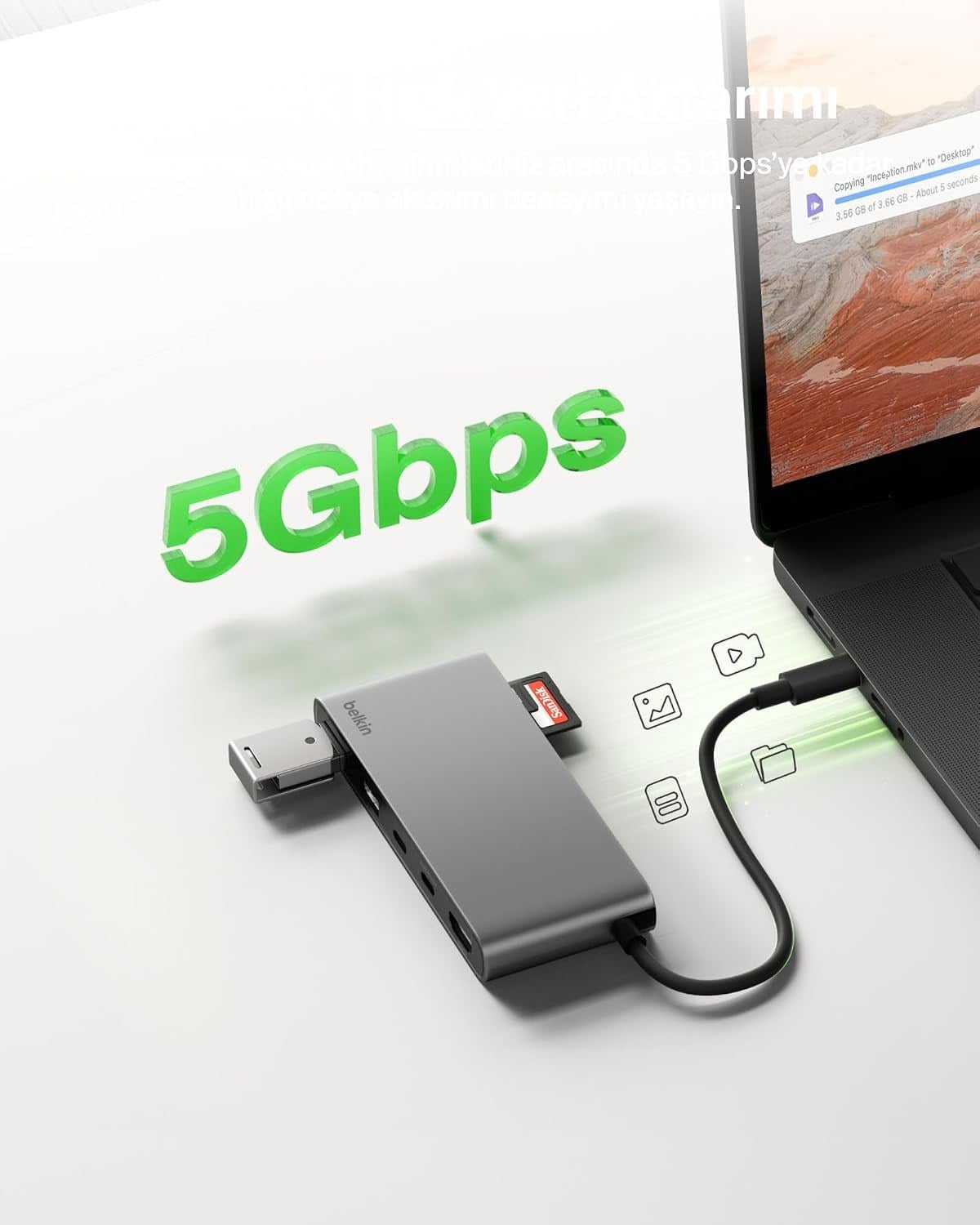 Belkin AVC023 7in1 100W USB-C Multiport Hub(2x USB-C , 2x USB-A , 1x HDMI 4K 60HZ , SD&Micro SD Card Reader) - Uzay Grisi