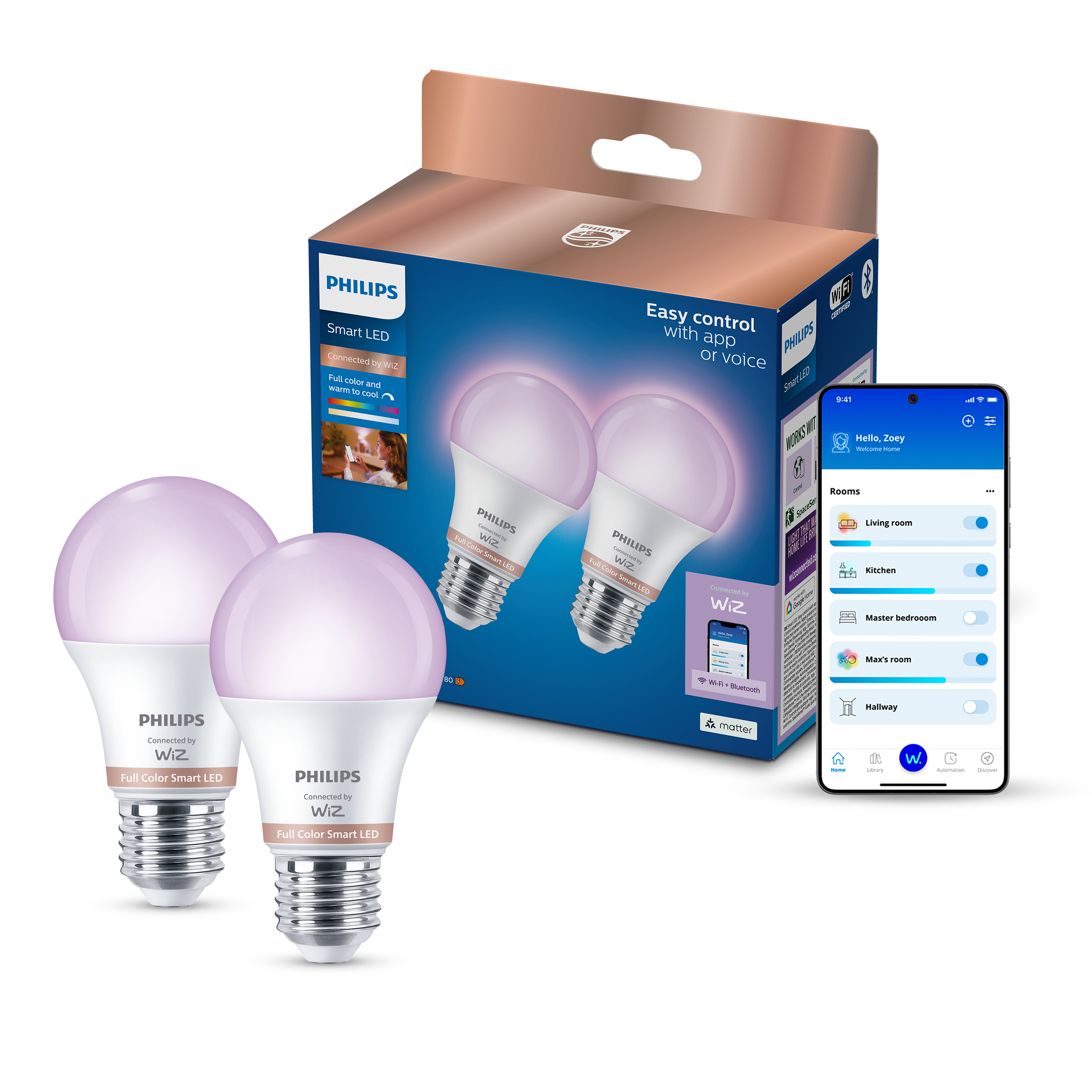 Philips Smart Lighting LED Ampul A60 E27 60W Eşdeğer RGB 2'li Paket - Google Home, Alexa, HomeKit ve Matter uyumlu