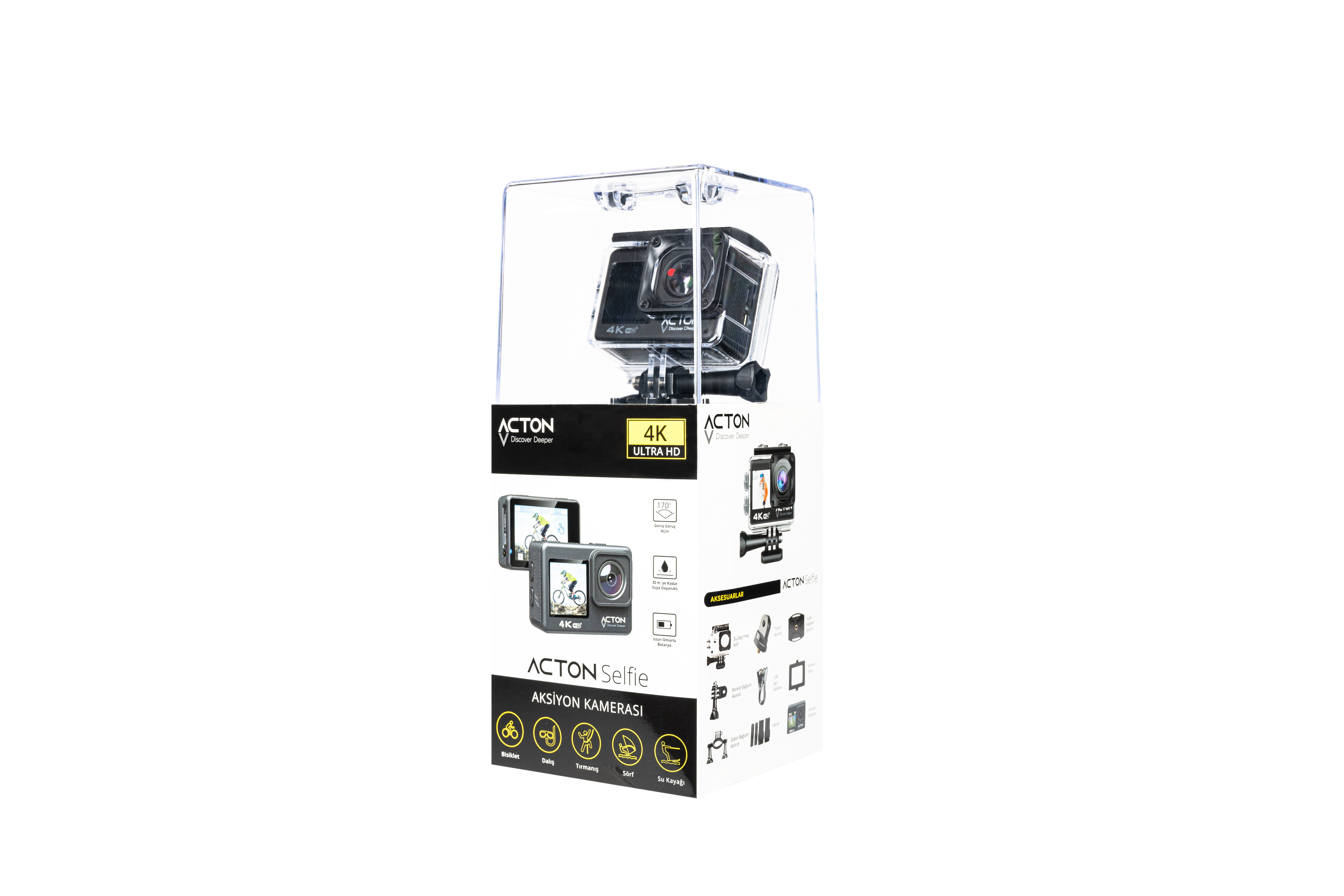 Acton Aksiyon Kamerası 4K Çift Ekranlı 170 Derece Lens Açısı ile Su Sıçramasına Dayanıklı
