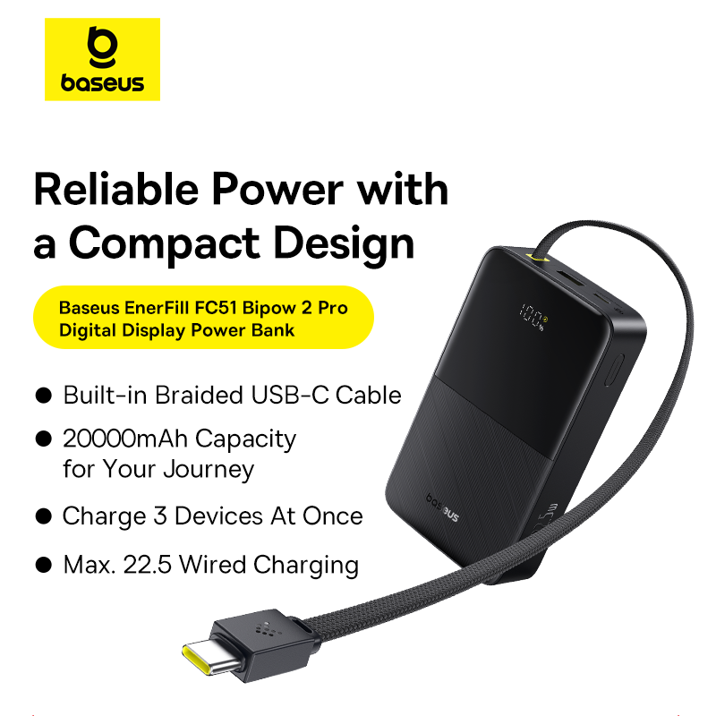 Baseus EnerFill Bipow2 Pro 20000mAh Dahili USB-C Kablolu, 22,5 W Hızlı Şarjlı, LED Ekranlı Powerbank, Siyah