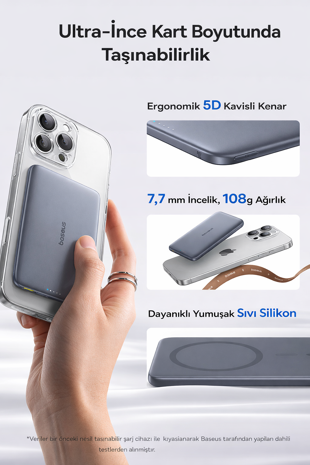 Baseus AM41 Picogo 0.3'' Ultra İnce 5000mAh MagSafe Kablosuz Powerbank, Siyah