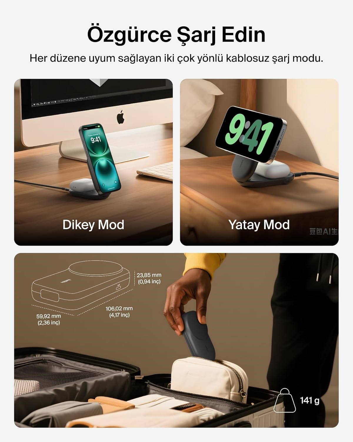 Belkin UltraCharge MagSafe Uyumlu 2'si 1 Arada Qi2 25W Kablosuz Şarj İstasyonu, USB-C Portlu, 45W Adaptör, Siyah