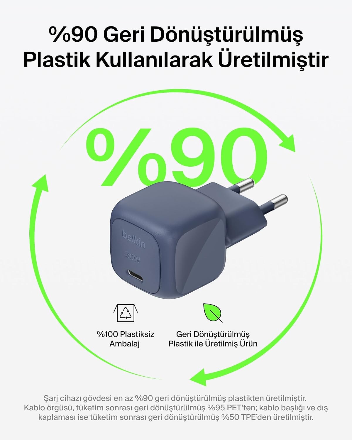 Belkin BoostCharge 30 W USB-C GaN Şarj Cihazı + 2 m Örgülü USB-C Kablo dahil, Pembe