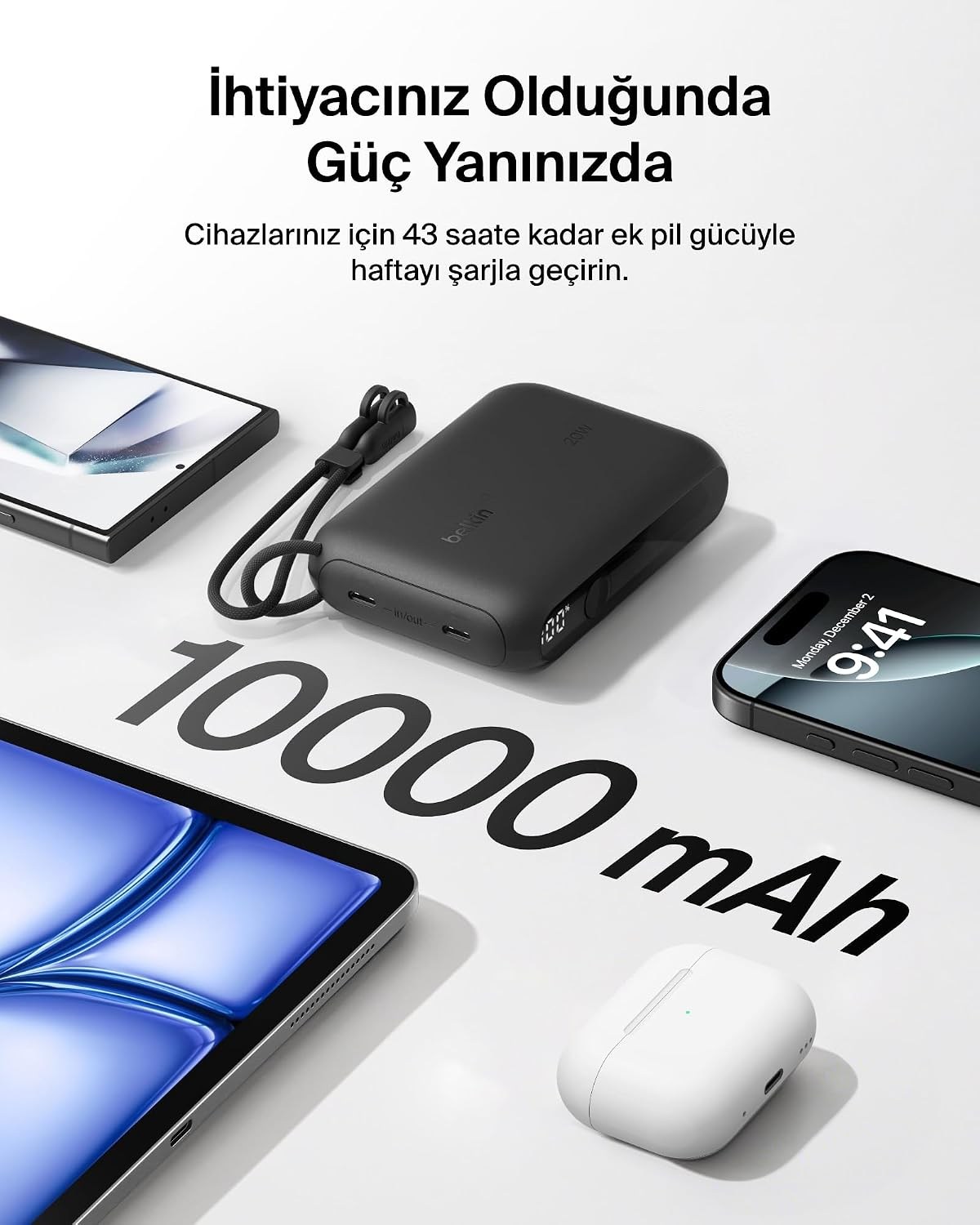 Belkin Taşınabilir Şarj Cihazı, 10.000 mAh USB-C İnce Güç Kaynağı, 2 USB-C Port, Dijital Pil Göstergesi, 20 W Hızlı Şarj