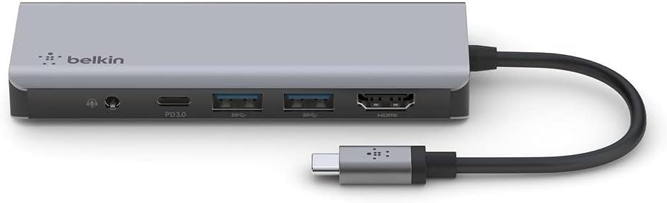 Belkin 7'si 1 Arada Çok Bağlantı Noktalı USB C Hub (4K HDMI, USB-C, 2 x USB A, 3,5 mm Ses, SD 3.0 Yuvası için micro-SD 3.0 ile)), AVC009BTSGY