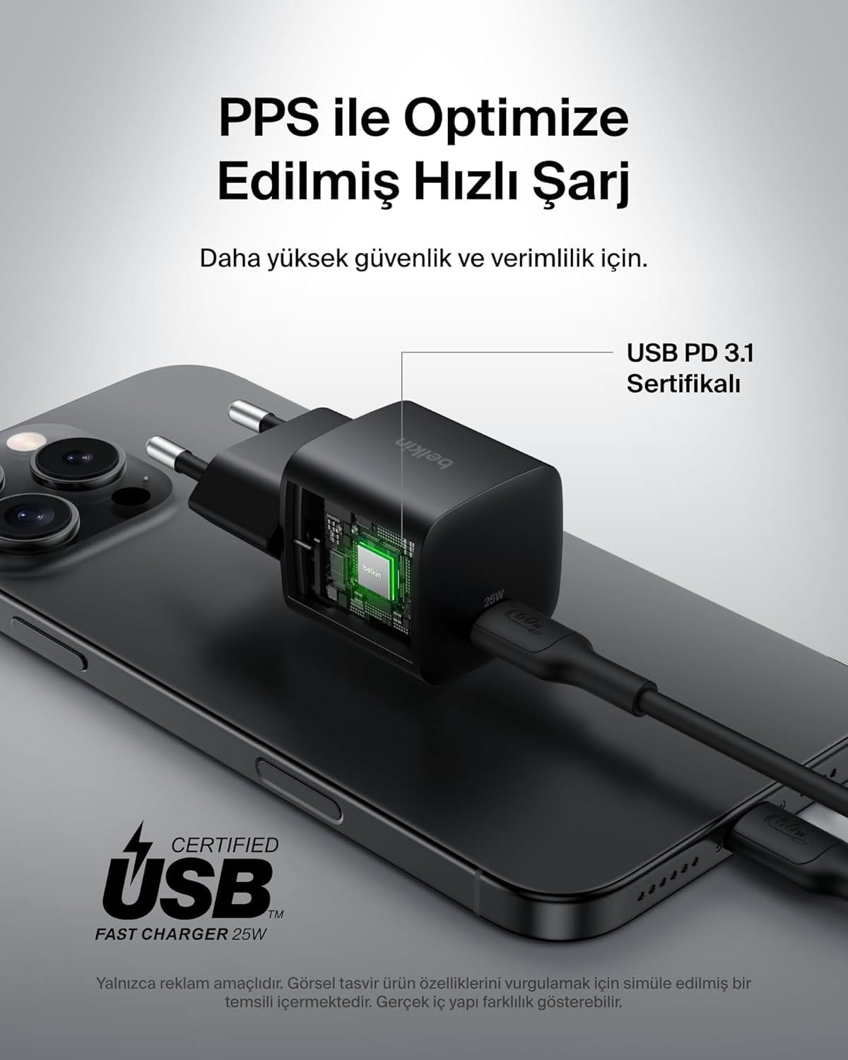 Belkin USB-C 25 W PD 3.0 PPS Hızlı Şarj Cihazı, Siyah