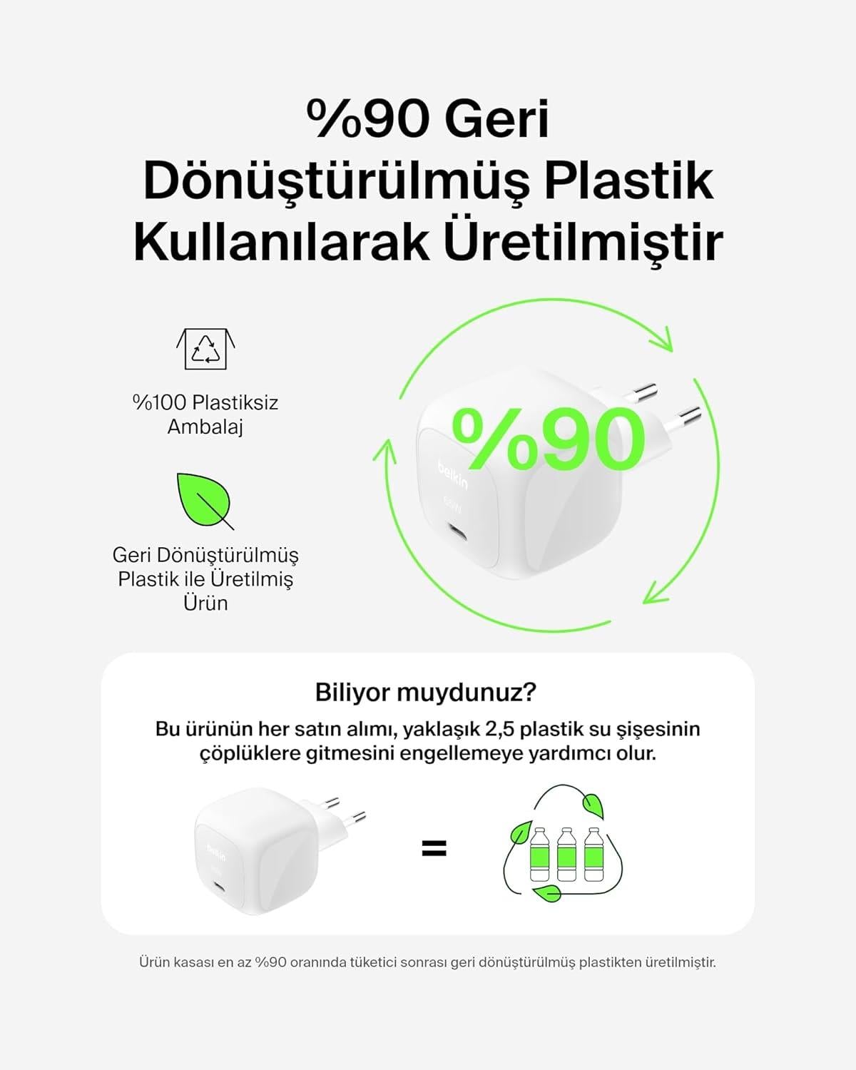 Belkin WCA011 65W C PPS PD Şarj Cihazı, Beyaz