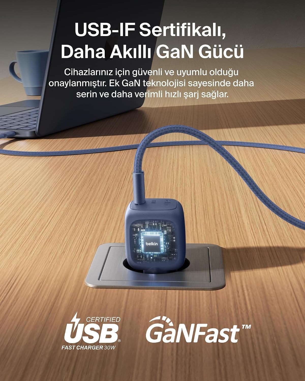 Belkin BoostCharge 30 W USB-C GaN Şarj Cihazı + 2 m Örgülü USB-C Kablo dahil, Pembe
